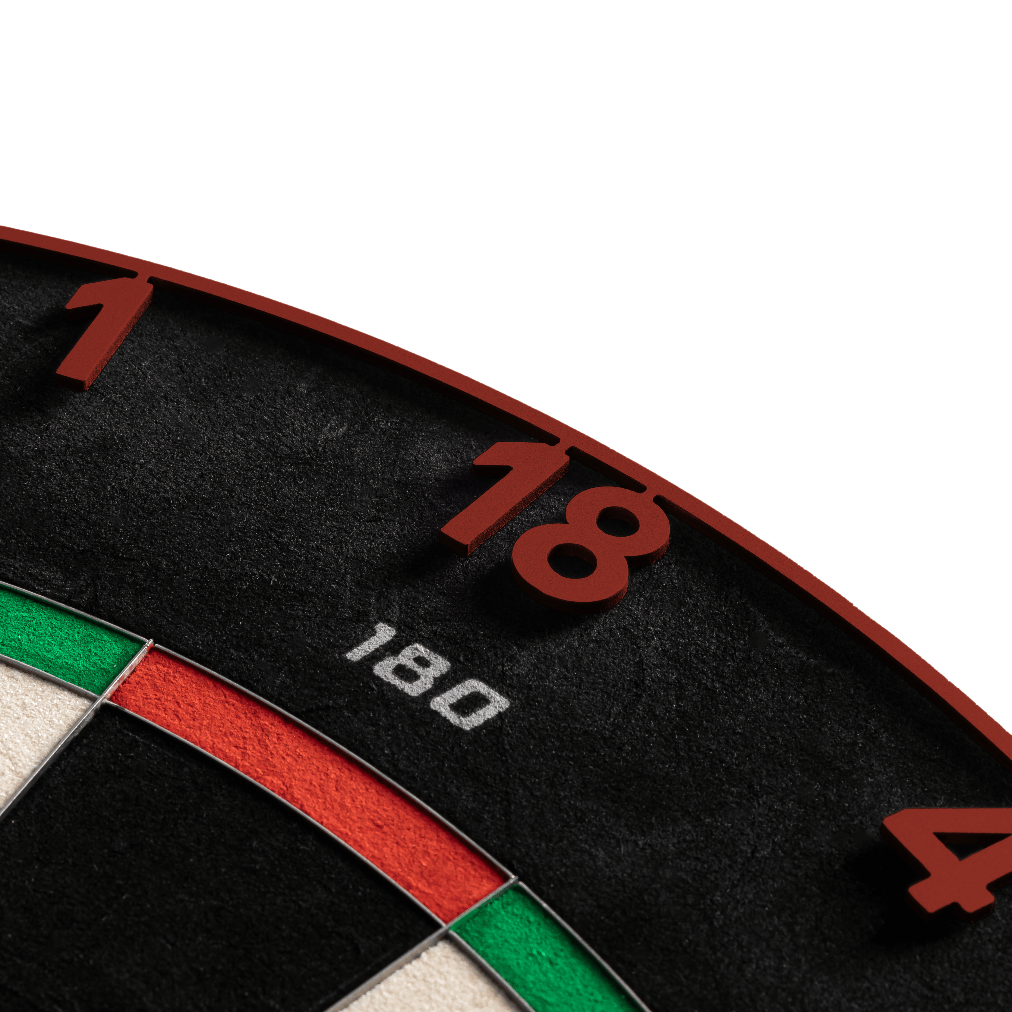 Precise 180 Endorphine Steel Dartboard with Numbered Ring - Faded Red Gezeigt wird das Precise 180 Endorphine Steeldartboard mit Nummernring in Faded Red. Das Bild beschreibt das Produkt für den Dartbereich.