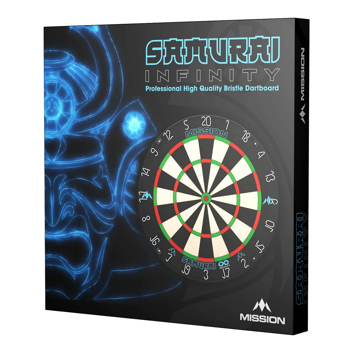 Mission Samurai Infinity steel dartboard Auf dem Bild ist die Verpackung des "Mission Samurai Infinity Steeldartboard" zu sehen. Die Box zeigt eine Abbildung eines Dartboards und ein leuchtendes Samurai-Motiv im Hintergrund.