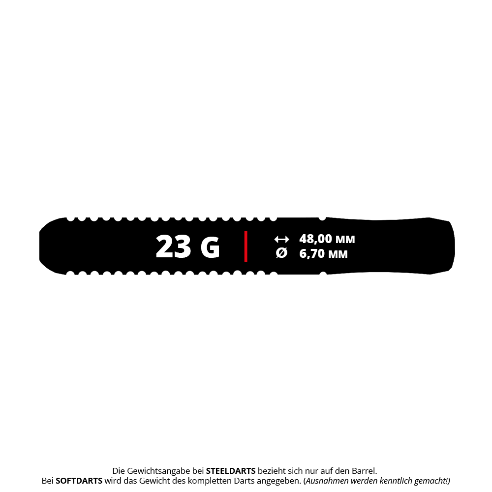 Das Bild zeigt den McDart Void Steeldart Barrel mit einem Gewicht von 23 Gramm. Die Länge beträgt 48,00 mm und der Durchmesser 6,70 mm.