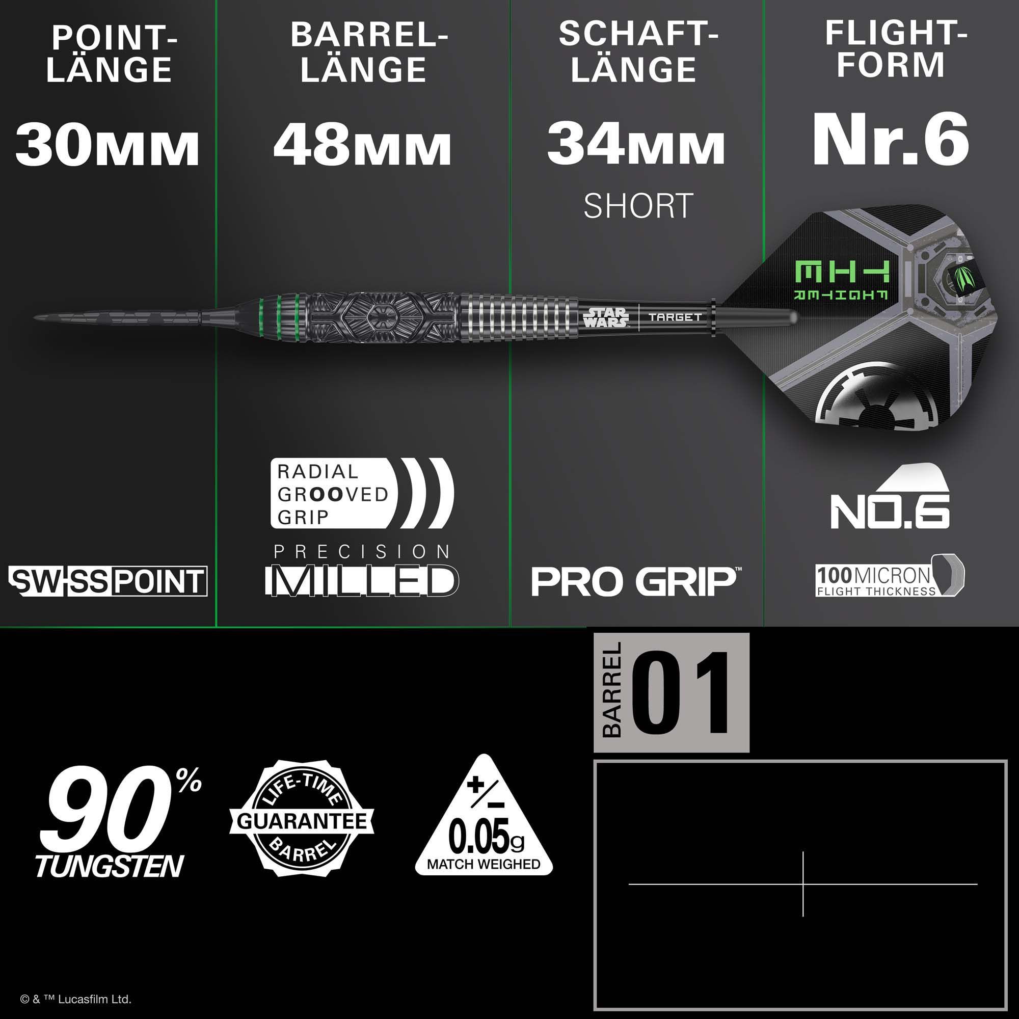Die Target Star Wars Tie Fighter Swiss Point Steeldarts sind hier abgebildet. Diese Dartpfeile sind von einem Tie Fighter aus Star Wars inspiriert.