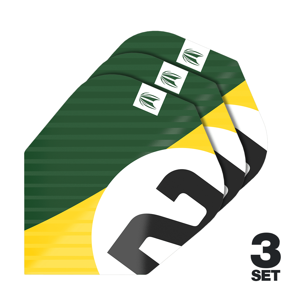 Target Pro Ultra Chicane Green No6 Flights - 3 Sets Das Bild zeigt drei Sätze der Target Pro Ultra Chicane Green No6 Flights. Die Flights sind in den Farben Grün, Gelb, Weiß und Schwarz gestaltet.