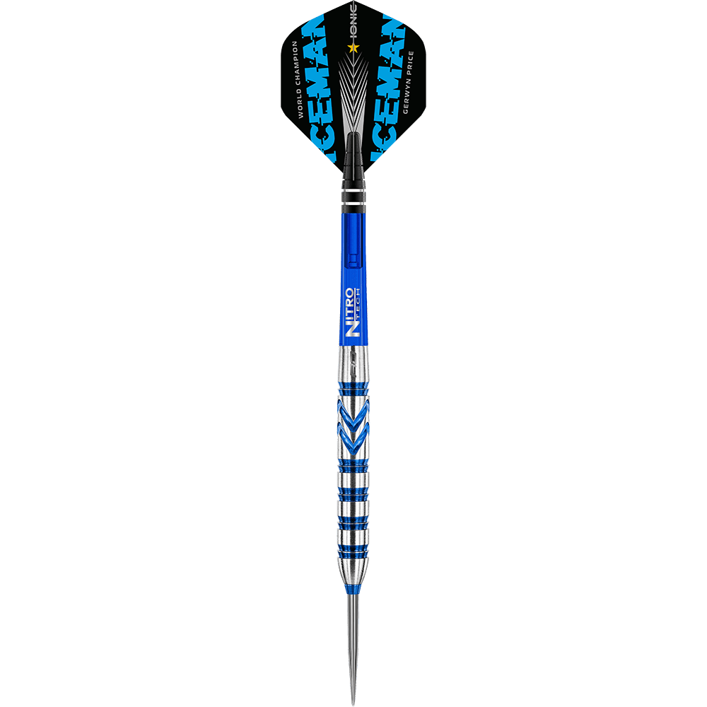 RD1890_Red_Dragon_Gerwyn_Price_Blue_90_Steeldarts_1YWaiOs2XZbjGX Das Bild zeigt einen Steeldart der Marke "Red Dragon Gerwyn Price Blue 90%". Der Dart ist überwiegend blau und silber, mit schwarzen Flights, auf denen „ICEMAN“ steht.