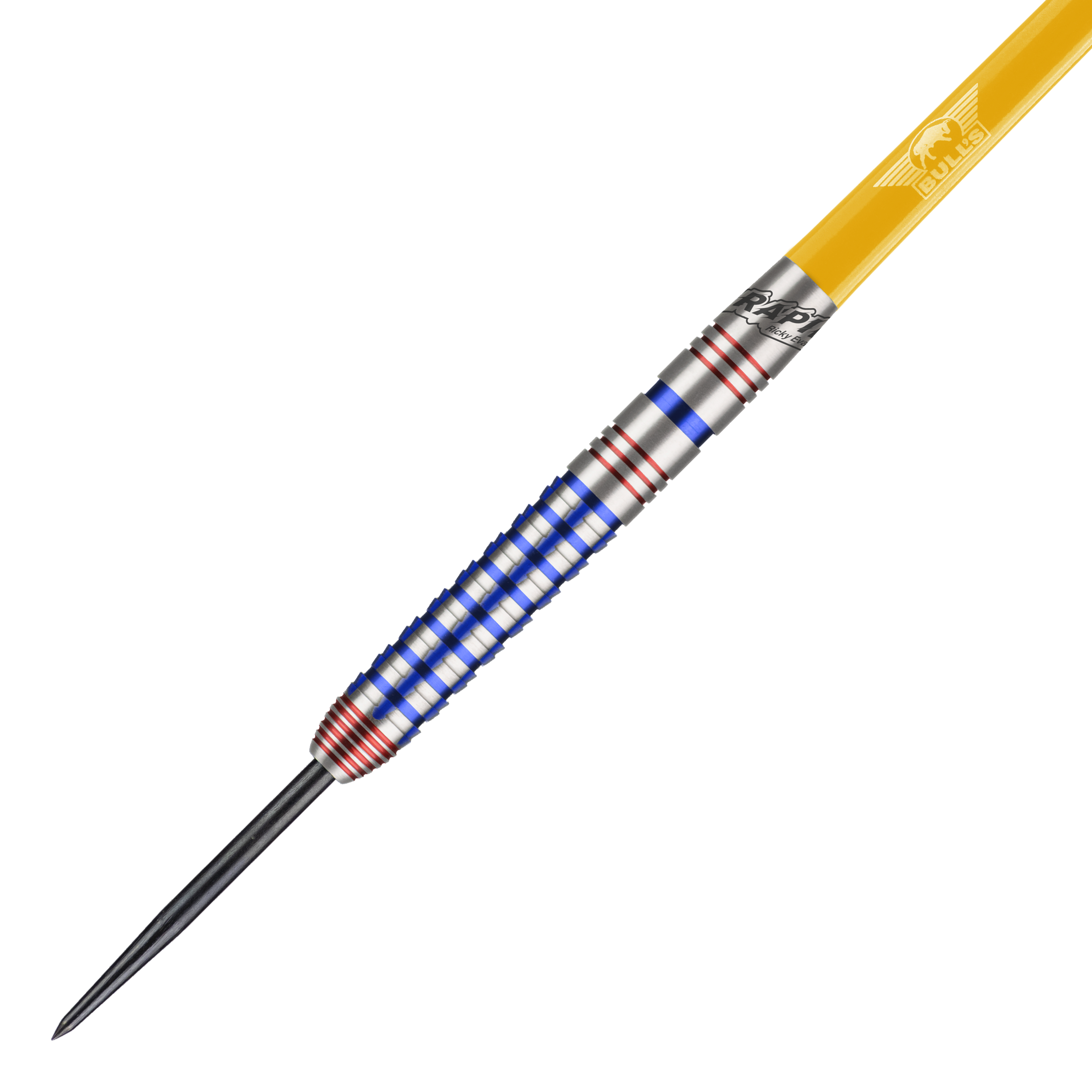 Bulls NL Ricky Evans Rapid Edition One Steel Darts Das Bild zeigt einen Steeldartpfeil aus der Serie "Bulls NL Ricky Evans Rapid Edition One". Der Dart ist silbern mit blauen und roten Ringen und hat einen gelben Schaft.