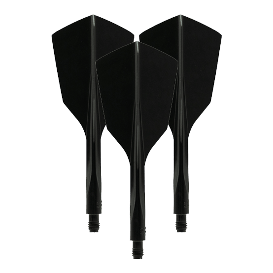 Condor Ax 120 Flight System Black - Narrow Das Bild zeigt drei schwarze, schmale Dartflights des Modells "Condor Axe 120 Flight-System". Sie sind nebeneinander mit der Spitze nach unten ausgerichtet.