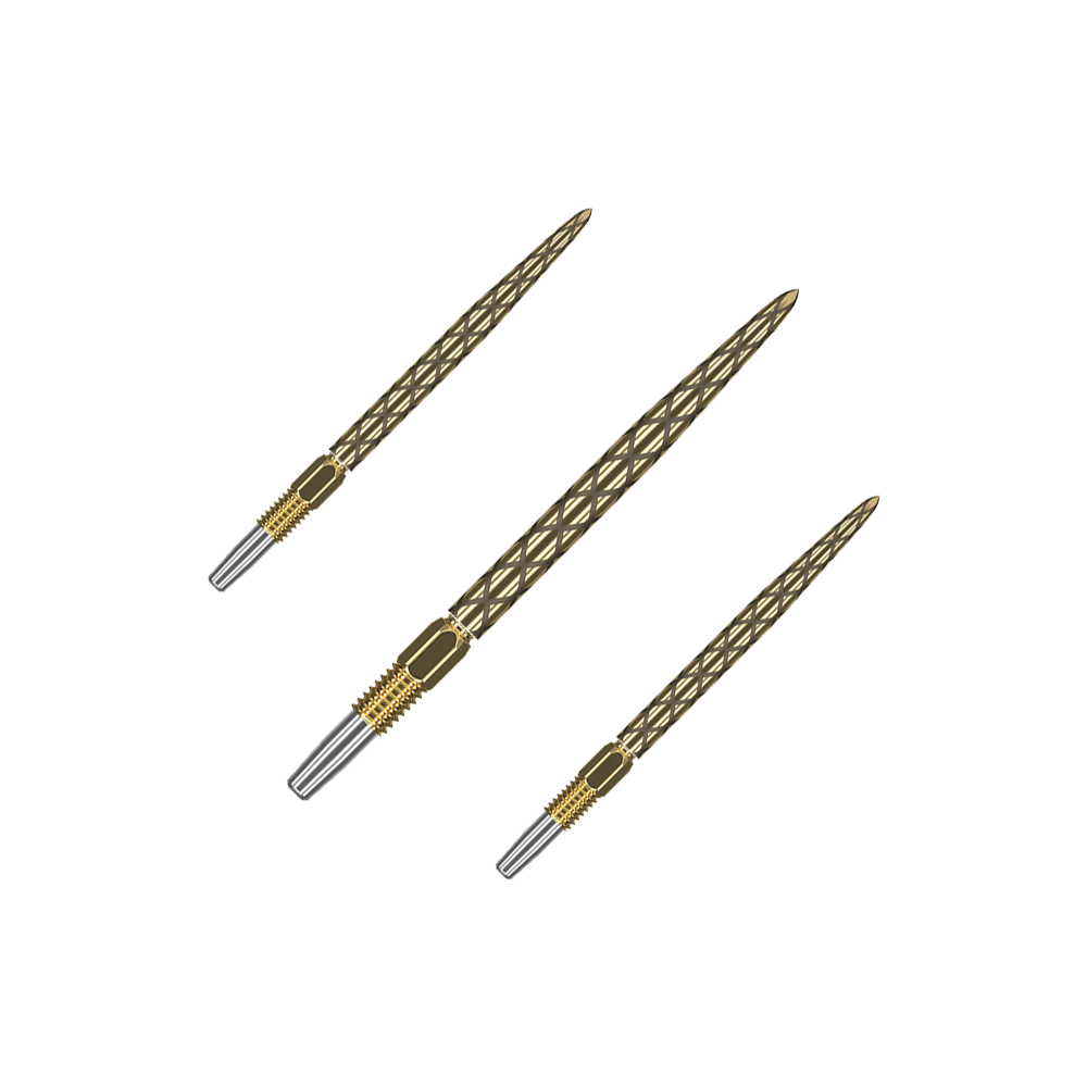 Target Swiss Diamond Pro Gold dart tips Das Bild zeigt drei goldfarbene Dartspitzen mit einem rautenförmigen Muster. Sie liegen nebeneinander auf einem grünen Hintergrund.
