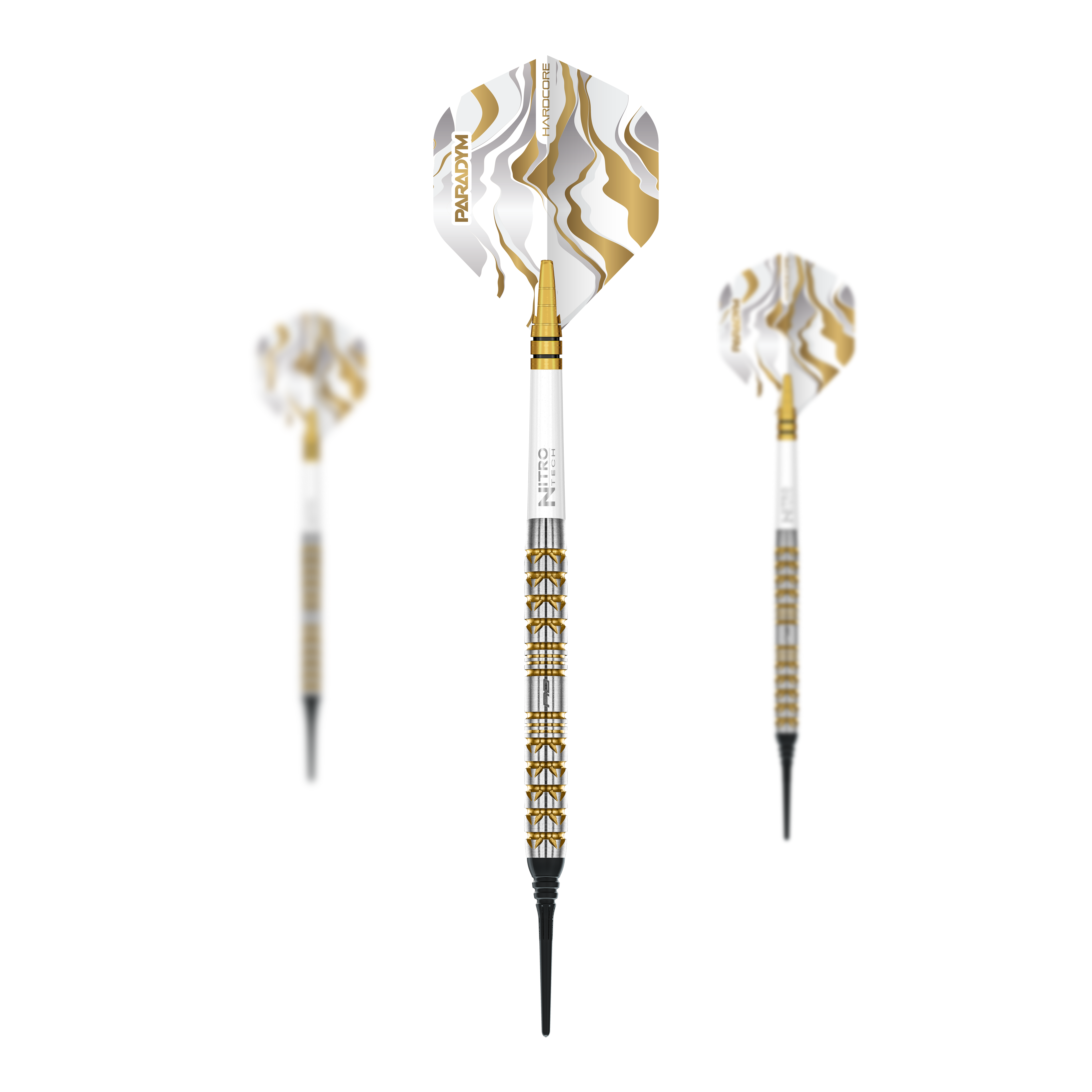 Abgebildet ist ein Set der Red Dragon Paradym Gold Parallel Softdarts - 20g. Das Set besteht aus mehreren goldenen Darts.