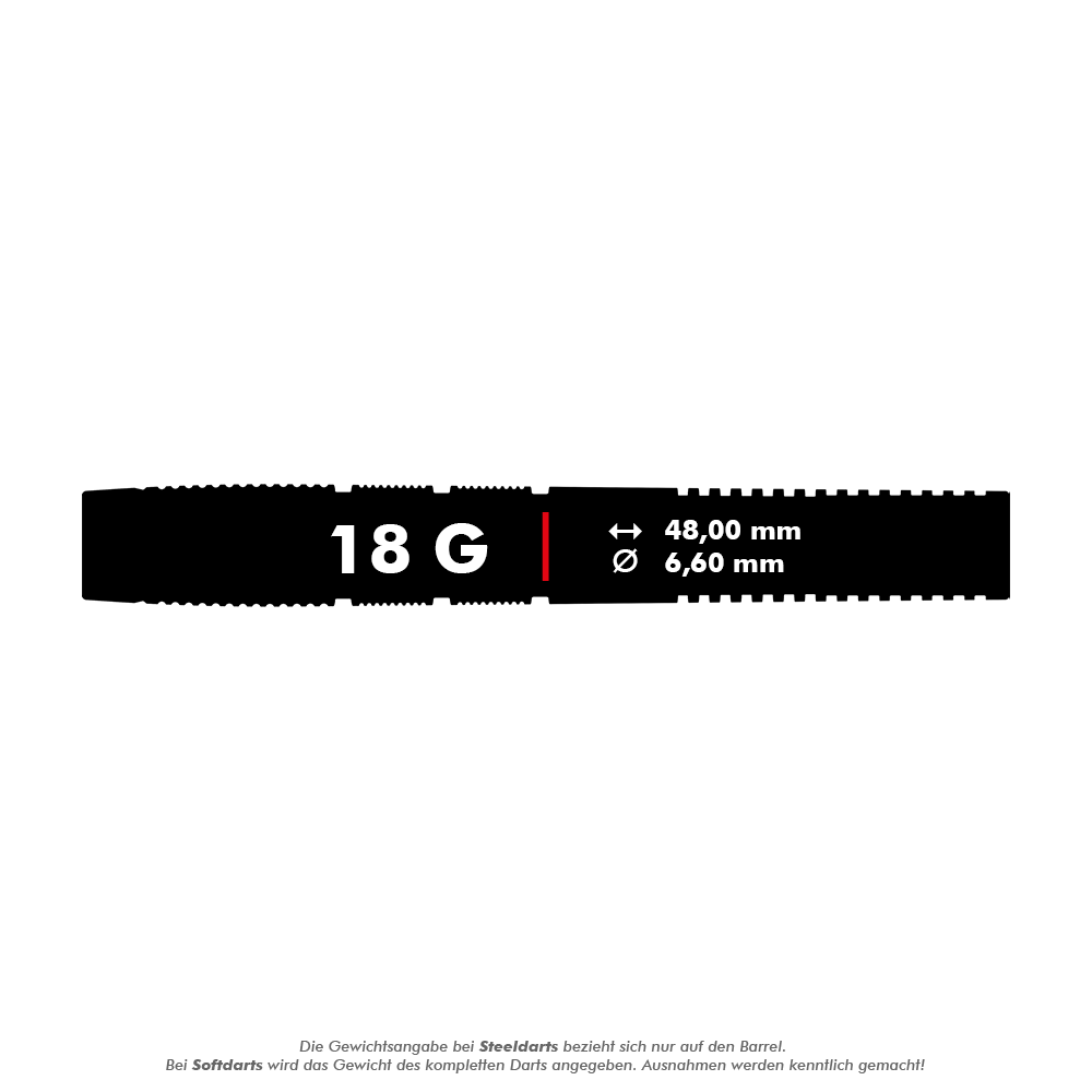 Target Nathan Aspinall X Echo Softdarts - 18g Das Bild zeigt die Produktspezifikationen für die "Target Nathan Aspinall X Echo Softdarts - 18g". Der Dart wiegt 18 Gramm, ist 48,00 mm lang und hat einen Durchmesser von 6,60 mm.