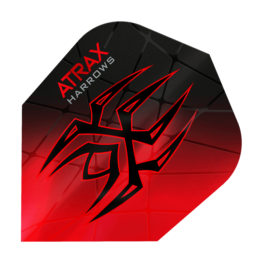 Harrow's Atrax Prime No6 Flights Das Bild zeigt das Produkt "Harrows Atrax Prime No6 Flights" in rot und schwarz. Ein auffälliges Tribal-Muster und die Markenaufschrift sind auf der Dart-Flugfläche zu sehen.
