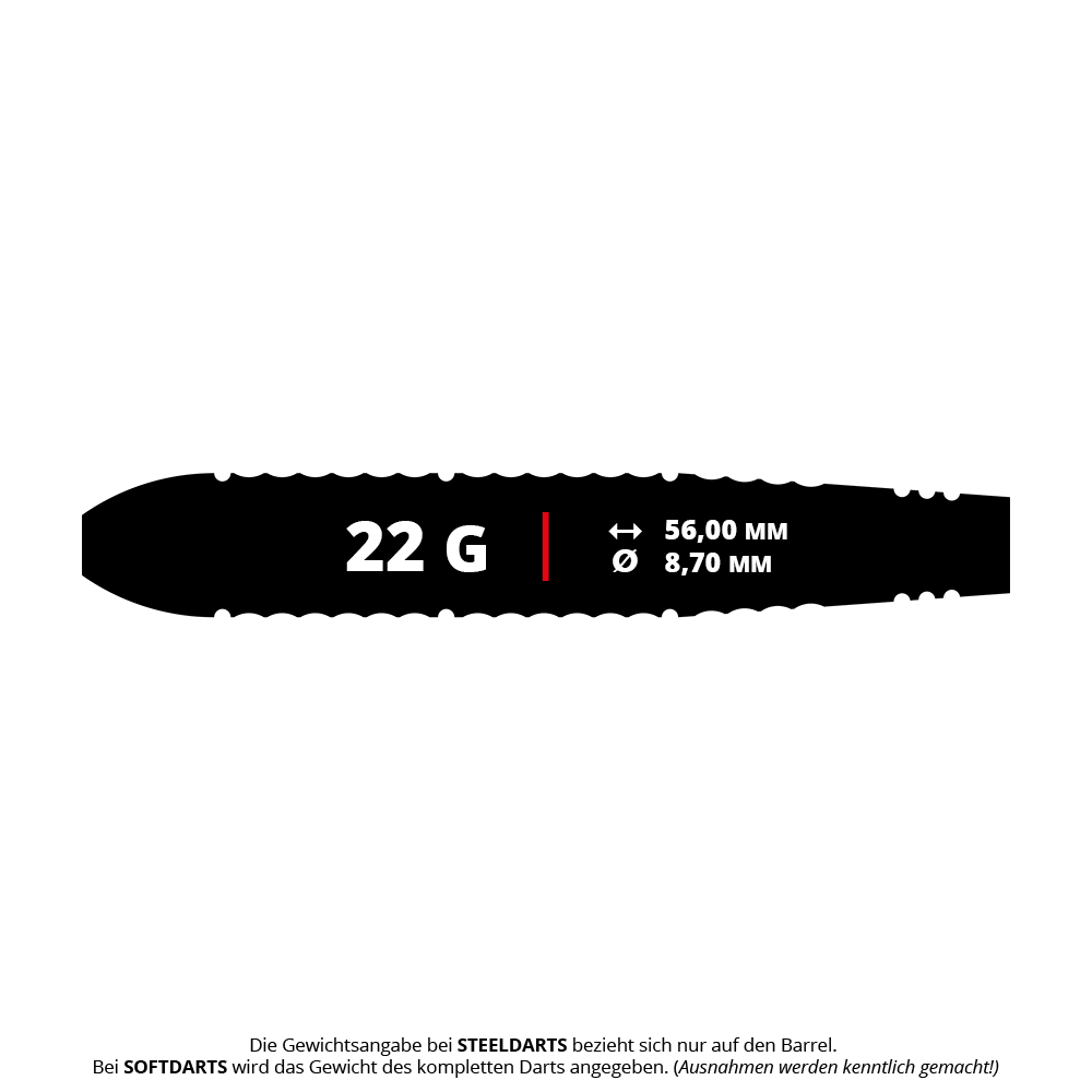 Mission Rogue Brass Steel Darts - 22g Das Bild zeigt ein Mission Rogue Brass Steeldart mit einem Gewicht von 22 Gramm. Der Barrel ist 56,00 mm lang und hat einen Durchmesser von 8,70 mm.