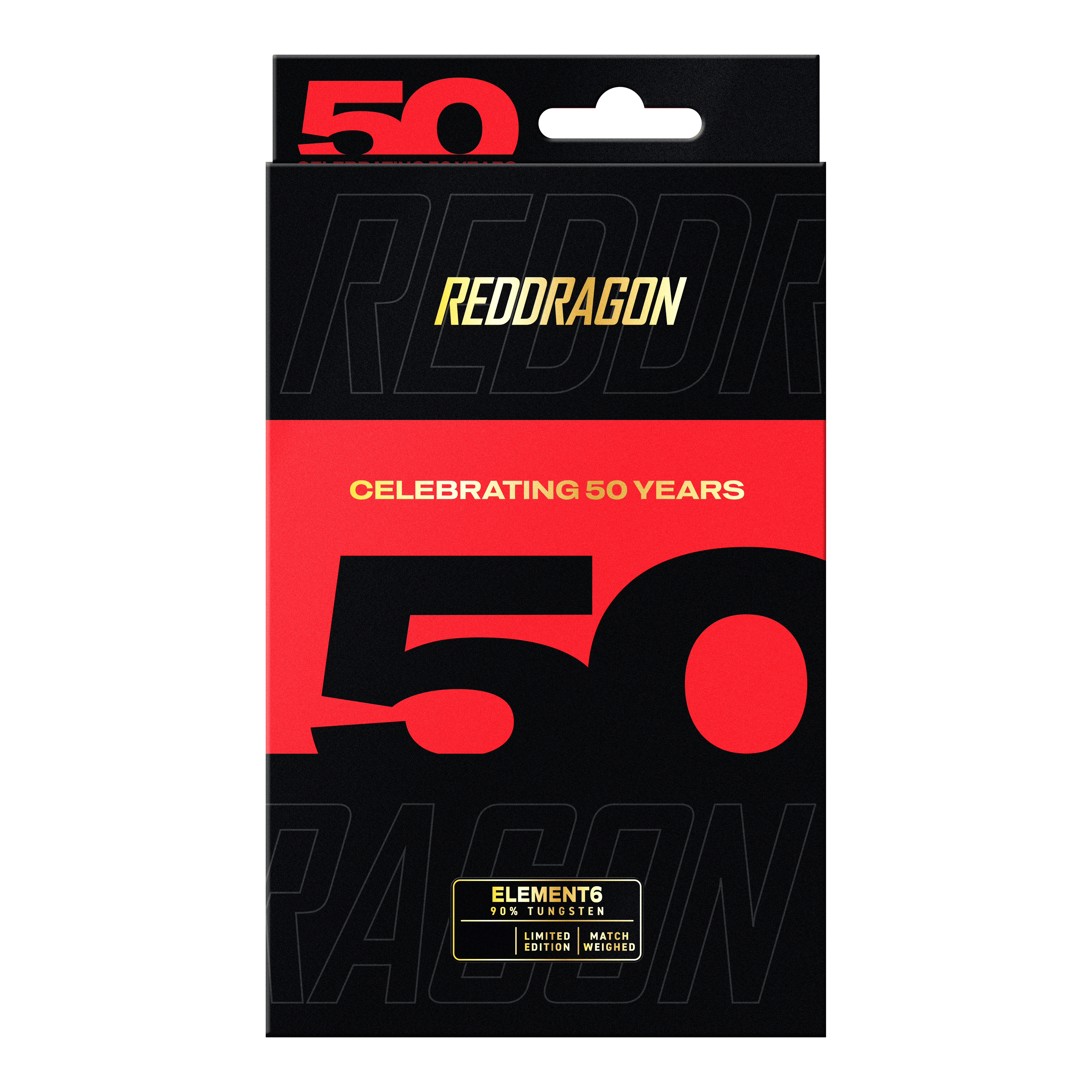 Die Red Dragon 50 Year Collection Element 6 B Steeldarts - 24g sind aus einer anderen Perspektive zu sehen. Man erkennt die besondere Form und Farbgebung der Darts.