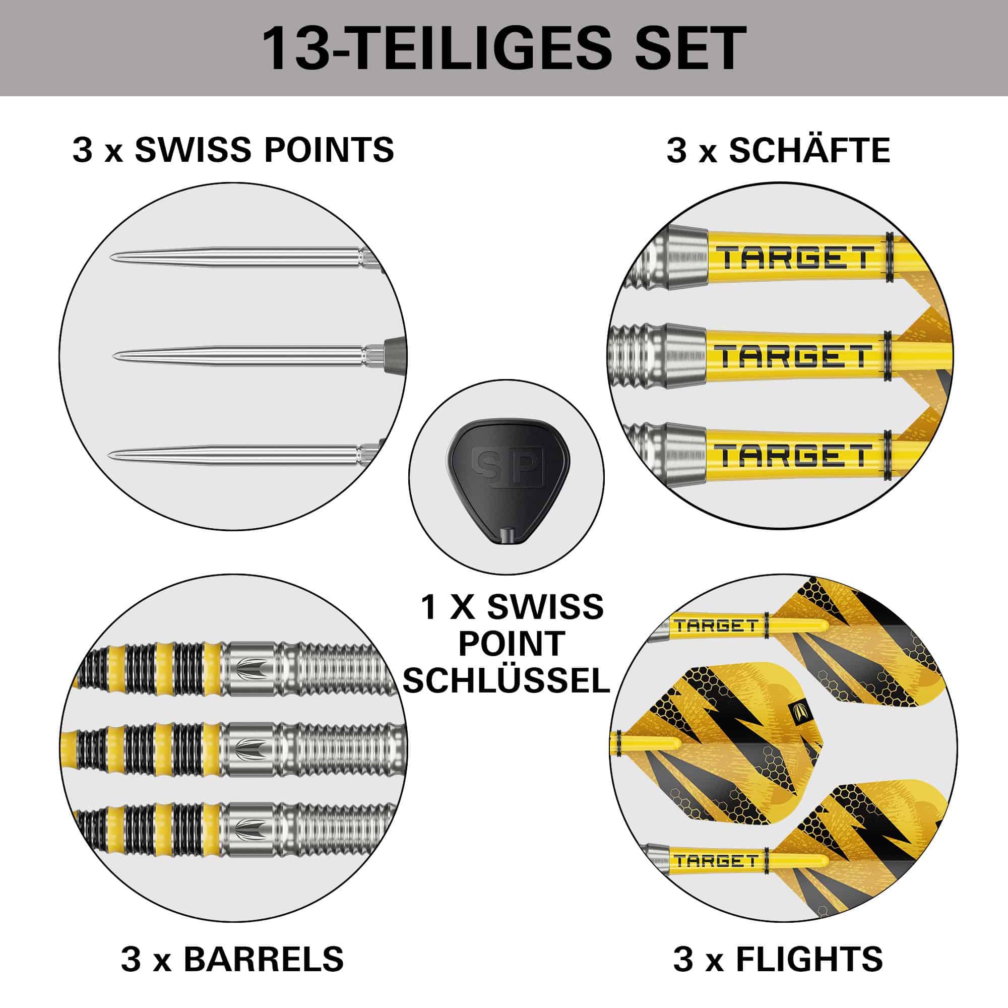 Auf diesem Bild sieht man die Target Buzz 03 Swiss Points Steeldarts. Sie sind für ambitionierte Dartspieler geeignet.