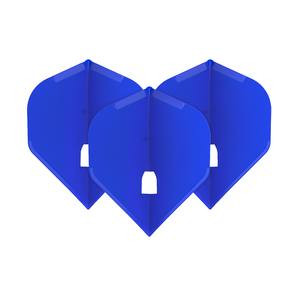 Auf dem Bild sind drei blaue Dart-Flights zu sehen. Sie stehen aufrecht nebeneinander und sind identisch in Form und Farbe.