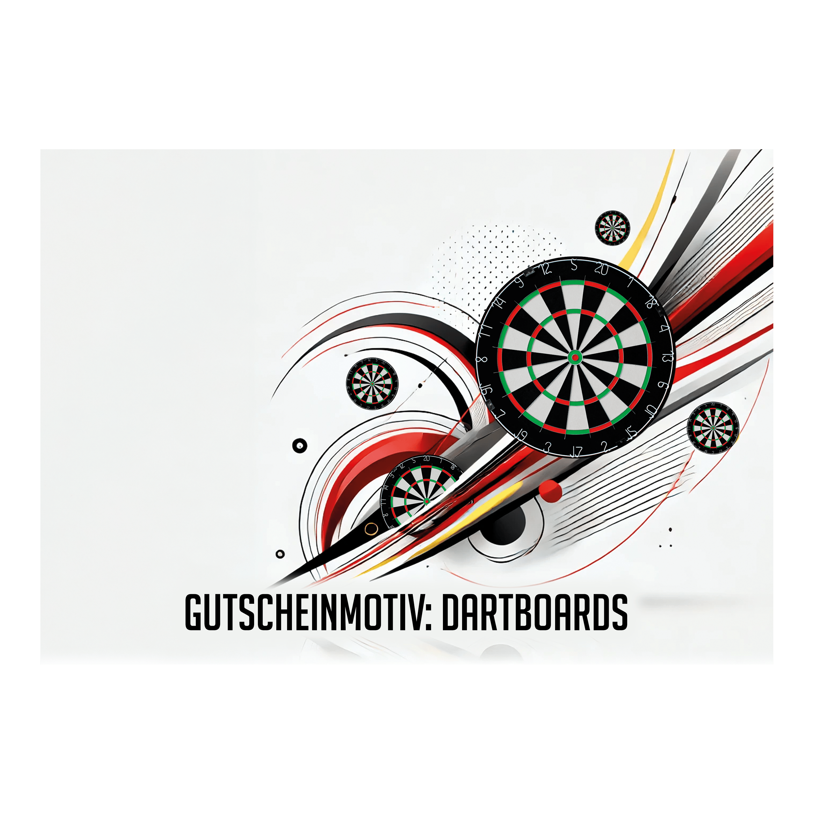 Voucher - Dartboards Das Bild zeigt mehrere stilisierte Dartboards mit dynamischen Linien und Kreisen im Hintergrund. Unten steht der Text "GUTSCHEINMOTIV: DARTBOARDS".