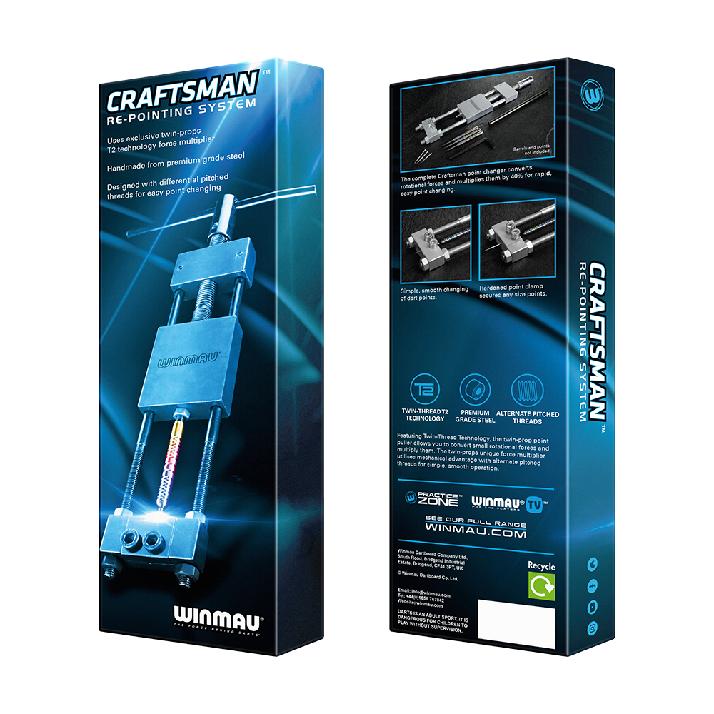 8425-Winmau-Craftsman-Re-pointing-System-6CUMv2rRO6Q7gH Das Bild zeigt die Verpackung des Produkts „Winmau Craftsman Re-Pointing System Spitzenwechsler“. Auf der Vorder- und Rückseite sind das Werkzeug abgebildet und Informationen zu den Funktionen und Eigenschaften des Systems zu sehen.