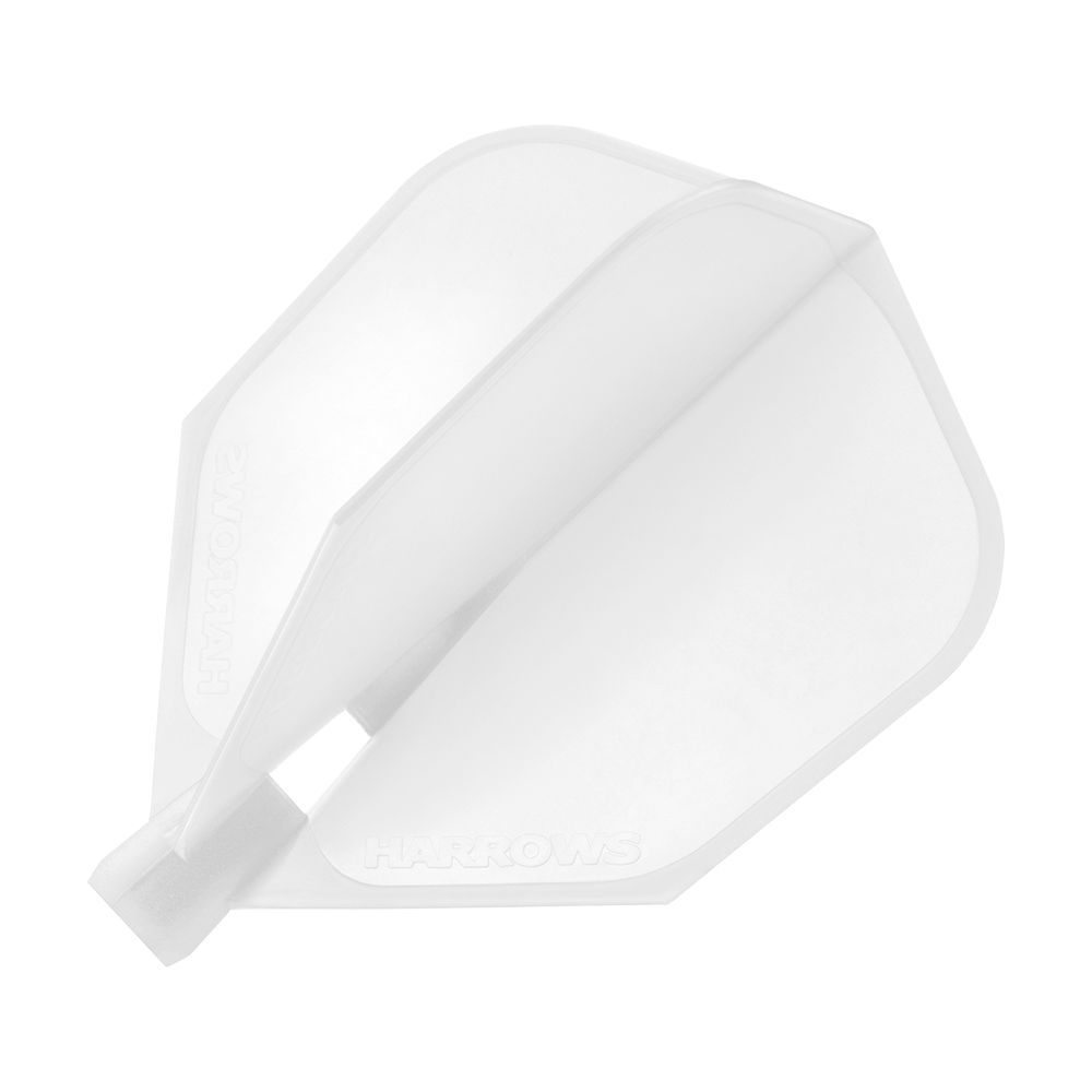 HRC-180_Harrows_Clic_Standard_Flight_Clear_1wYUrVpTLTRWzS Das Bild zeigt ein klares Dart-Flight des Modells "Harrows Clic Standard". Das Flight ist durchsichtig und hat eine klassische, standardisierte Form.