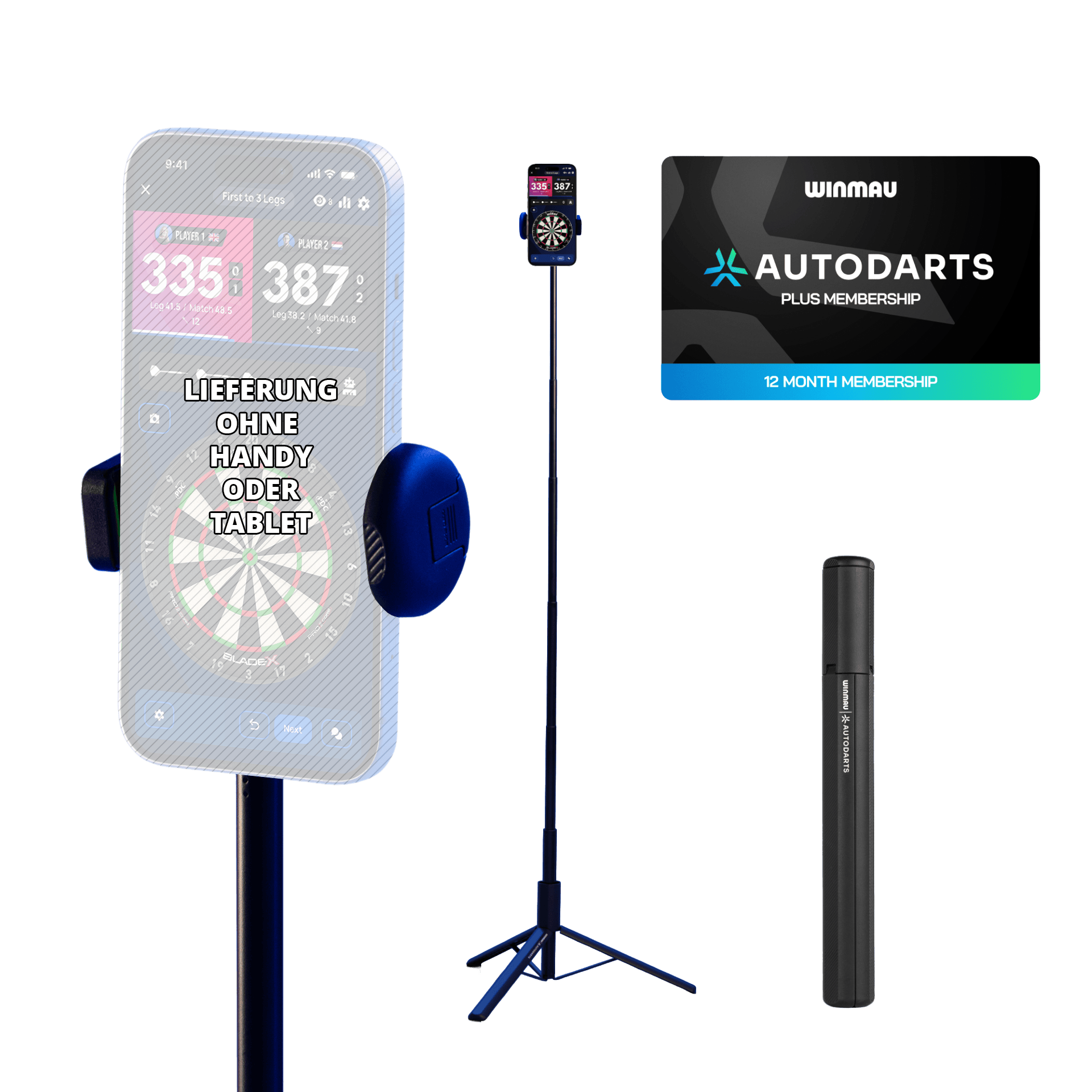 Winmau Autodarts Device Stand & 12 Months Membership Bundle Zu sehen ist das Winmau Device Stand & 12 Monate Membership Bundle. Das Set umfasst einen stabilen Geräteständer und eine 12-monatige Mitgliedschaft.