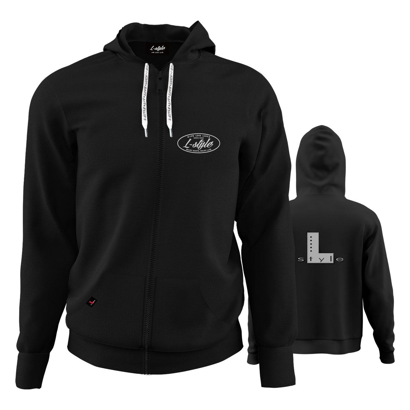 L-Style Hoodie - Black Der "L-Style Hoodie - Schwarz" ist ein schwarzer Kapuzenpulli mit Reißverschluss und weißen Kordeln. Auf der Vorderseite befindet sich ein kleines "L-Style"-Logo, während auf der Rückseite ein großes "L style"-Design zu sehen ist.