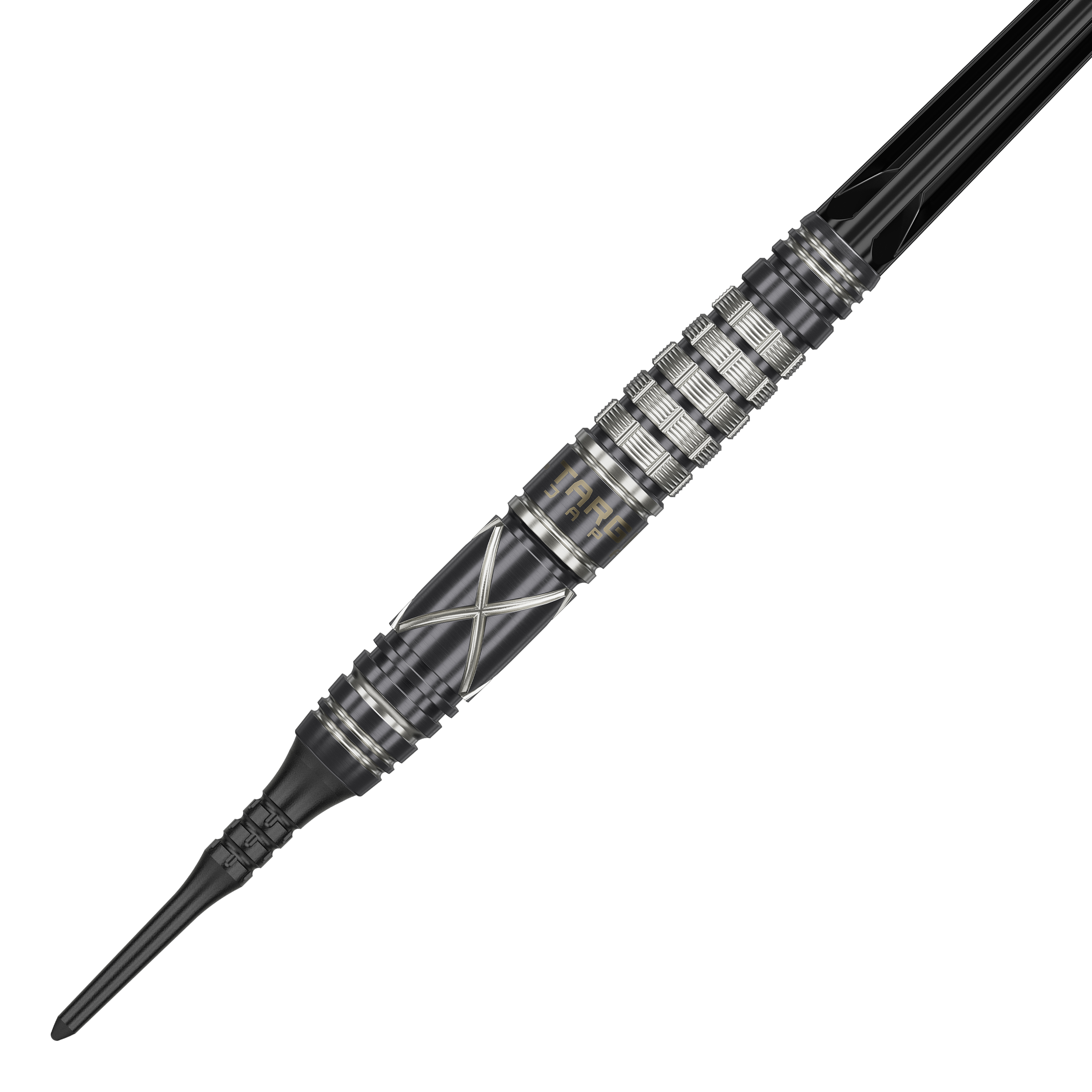 Target Japan Black Marque Chaos 2 Soft Darts - 19g Auf dem Bild ist ein Softdart der Marke "Target Japan Black Marque Chaos 2" mit 19g Gewicht zu sehen. Der Dartpfeil hat ein schwarzes Design mit silbernen Akzenten und einer geriffelten Griffzone.