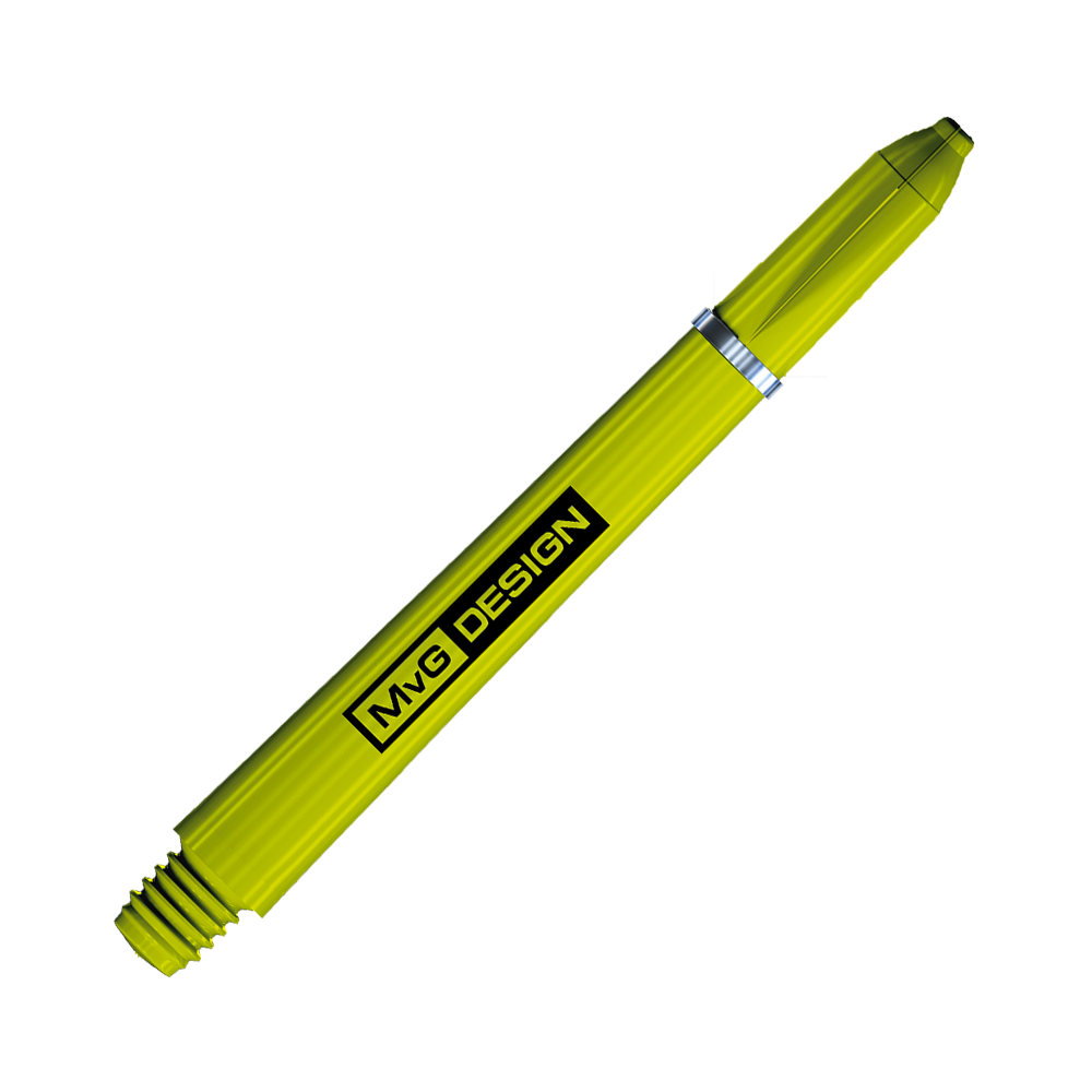 Das Bild zeigt einen gelben Dart-Shaft mit der Aufschrift "MvG DESIGN". Es handelt sich um den Winmau Nylon Ring Grip MvG Design Shaft.