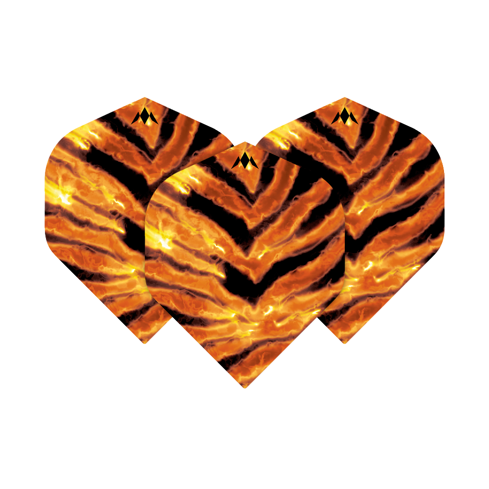 Mission Solo Javan No2 Standard Flights Das Bild zeigt drei Dartflights mit einem auffälligen Tigerstreifen-Design in Orange und Schwarz. Es handelt sich um das Produkt "Mission Solo Javan No2 Standard Flights".