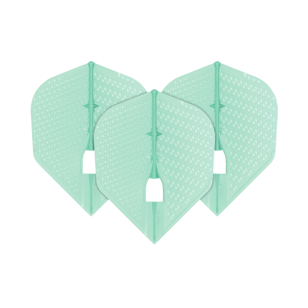 L-Style Flights Dimple Champagne L3PRO Shape Das Bild zeigt drei mintgrüne Dart-Flights mit einer Dimple-Oberfläche. Sie haben die charakteristische Form des L-Style Flights Dimple Champagne L3PRO Shape.
