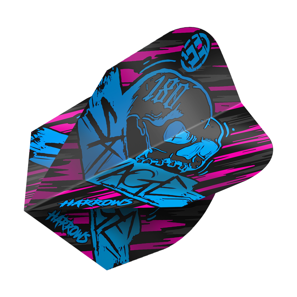 Harrow's Savage Aqua Pink No6 Flights Das Bild zeigt das Produkt "Harrows Savage Aqua Pink No6 Flights". Das Design ist auffällig mit schwarzen, pinken und blauen Farben sowie einem Totenkopf-Motiv.