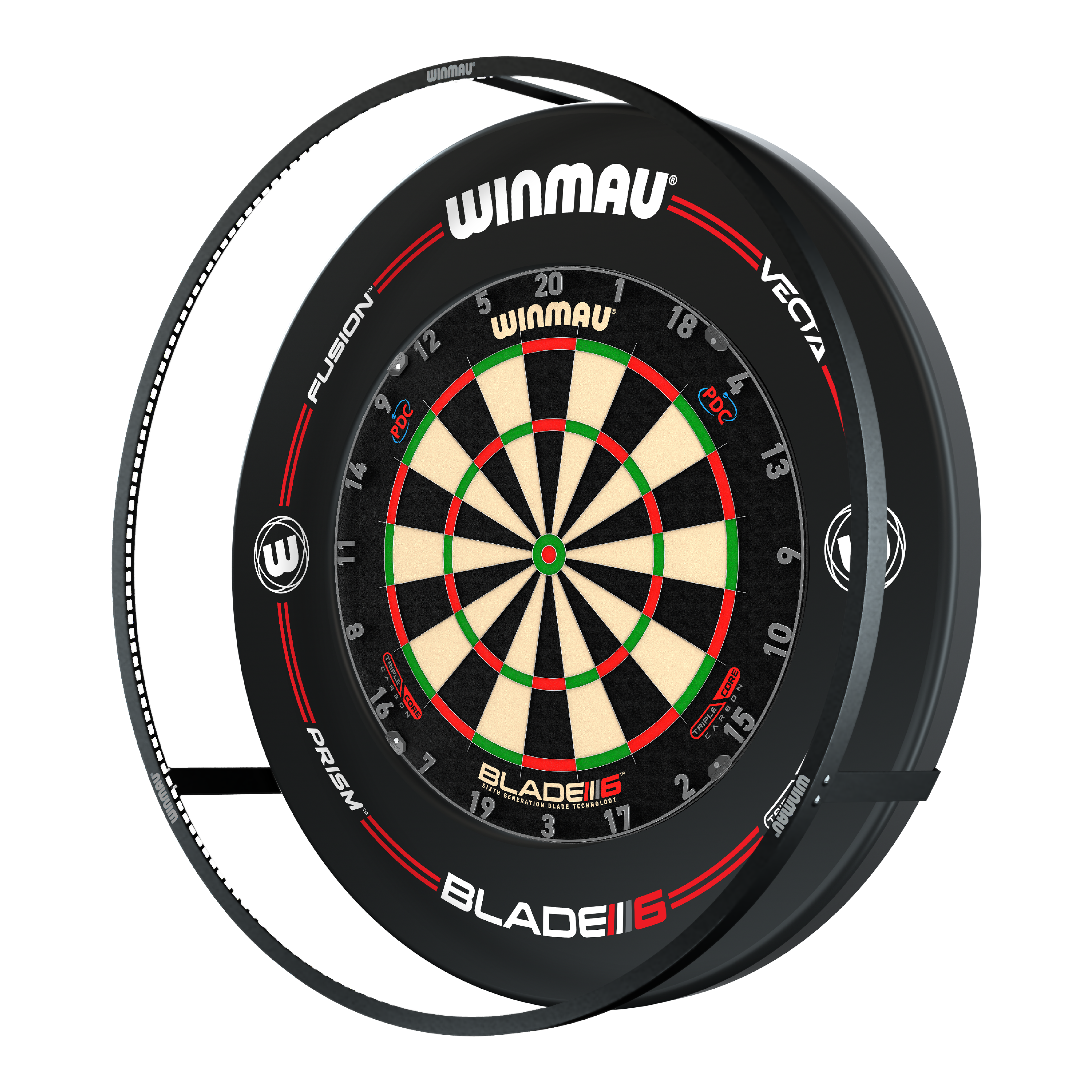 BUNDLE Winmau Plasma LED lighting and surround Das Bild zeigt das 'Winmau Plasma LED Beleuchtung und Surround Bundle' mit einer Dartscheibe. Um die Scheibe herum befindet sich eine LED-Beleuchtung und ein schwarzer Schutzring.