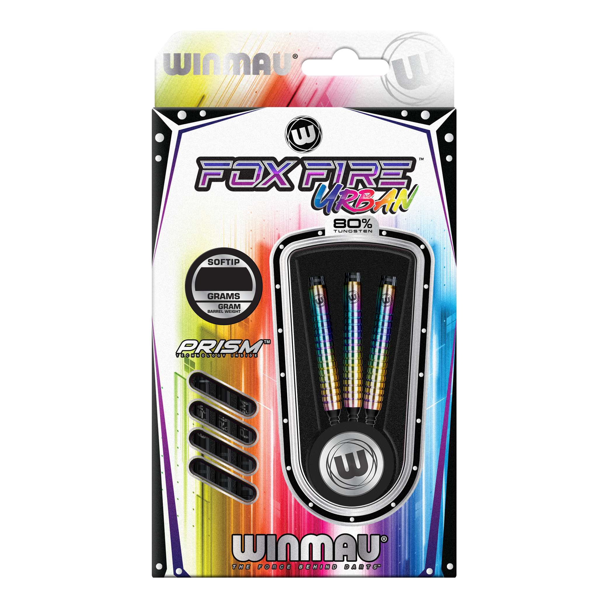 Winmau Foxfire Urban Soft Darts - 20g Das Bild zeigt die Winmau Foxfire Urban Softdarts mit einem Gewicht von 20 Gramm. Die Verpackung ist bunt gestaltet und enthält drei Darts mit Regenbogen-Design.