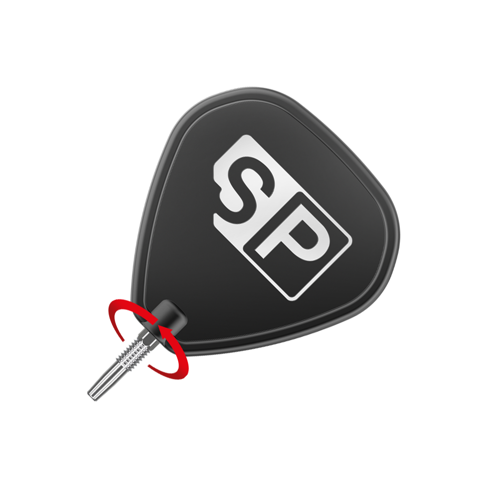Target Swiss Diamond Pro Silver Points dart tips Das Bild zeigt eine schwarze Dartflügel mit den weißen Buchstaben "SP" darauf. Unten ist eine silberne Dartspitze zu sehen, die mit dem Flügel verbunden ist.