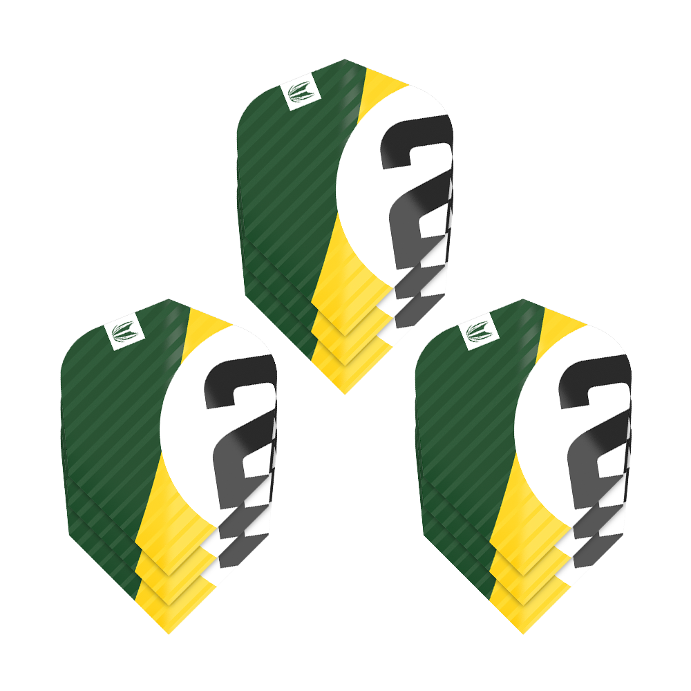 337209_Target_ProUltra_3Sets_Chicane_Green_Ten-X_Flights_15KQWYVBD6RFZ7 Das Bild zeigt drei Sätze Target Pro Ultra Chicane Green Ten-X Flights. Die Flights sind in den Farben Grün, Gelb, Weiß und Schwarz gestaltet.