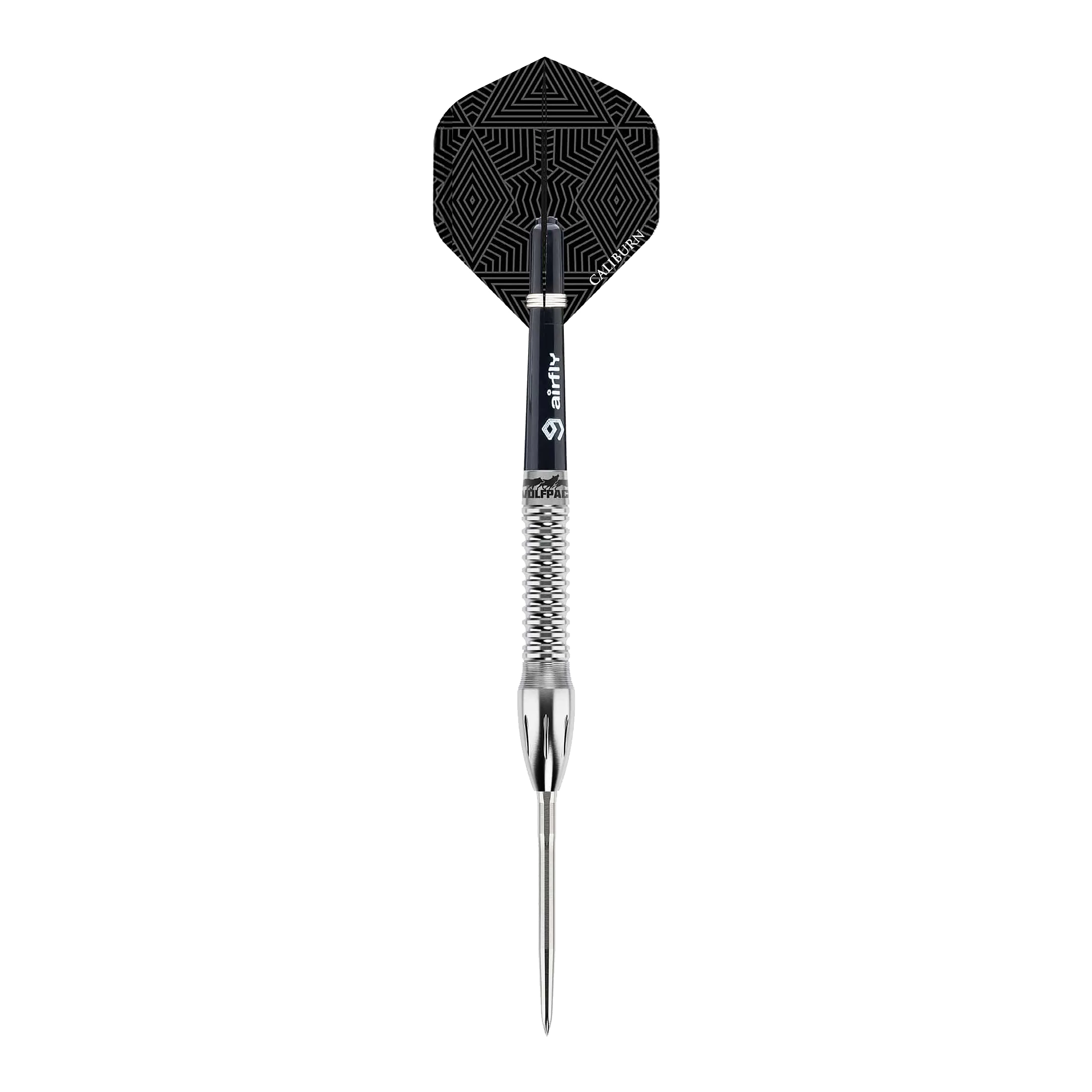 Caliburn Wolfpack W4 steel darts - 20g Das Bild zeigt einen Caliburn Wolfpack W4 Steeldart mit einem Gewicht von 20g. Der Dart hat ein silbernes Griffstück und einen schwarz gemusterten Flight.