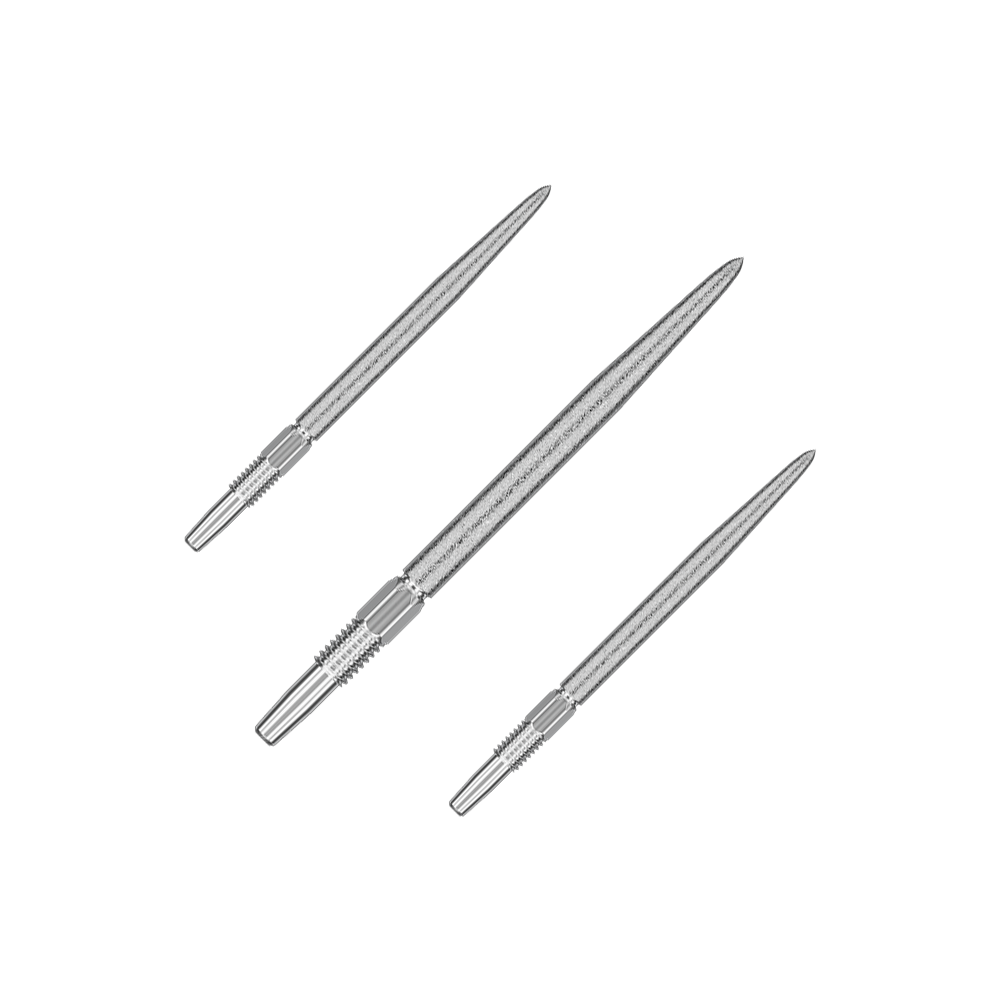 Target Swiss Point SLK dart tips - silver Auf dem Bild sind drei silberne Dartspitzen zu sehen. Sie liegen nebeneinander und sind spitz zulaufend gestaltet.