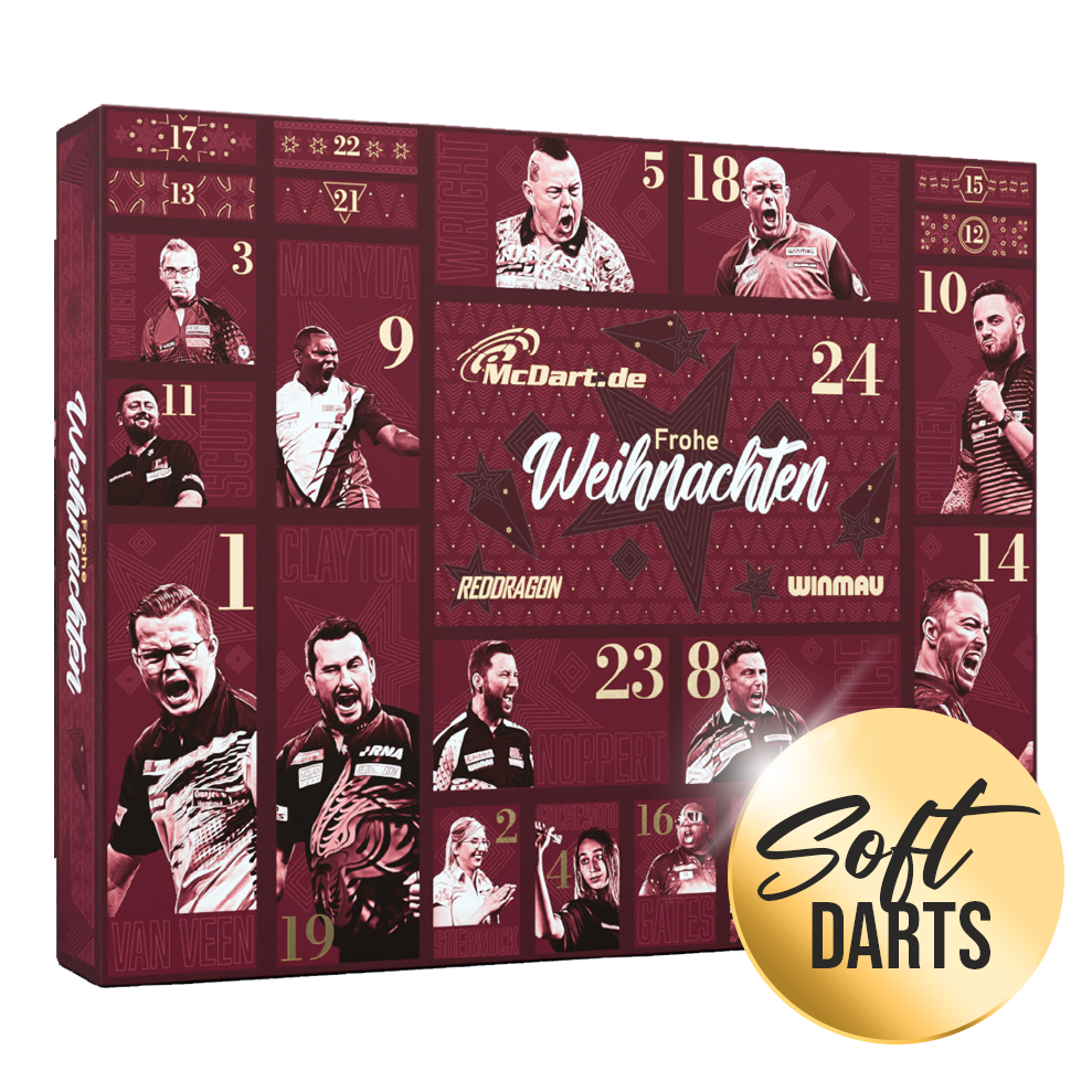 McDart Premium Advent Calendar 2026 for Soft Dart Players Zu sehen ist der McDart Premium Adventskalender 2026 für Softdart-Spieler. Der Kalender enthält exklusive Überraschungen rund um Softdarts.