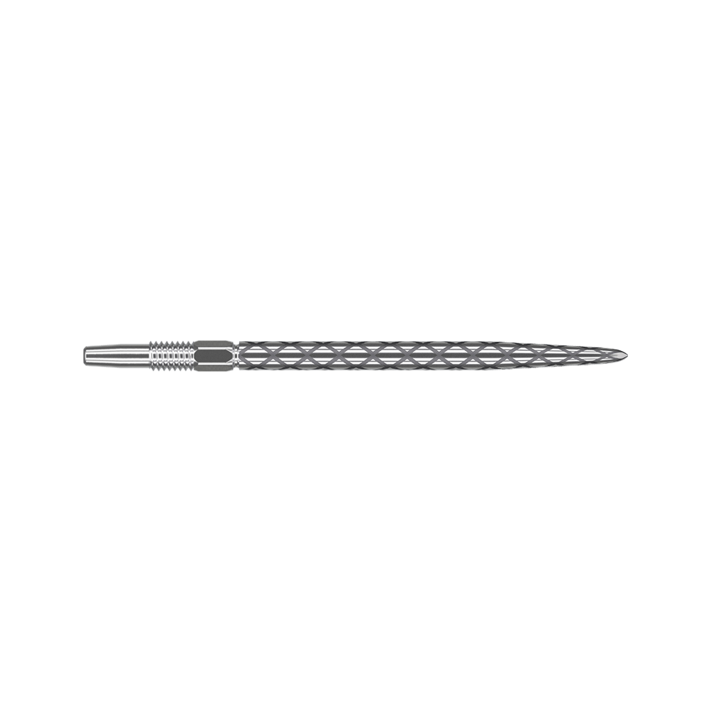Target Swiss Diamond Pro Silver Points dart tips Das Bild zeigt eine silberne Dartspitze mit einem Rautenmuster entlang des Schafts. Die Spitze ist gerade und hat feine Gravuren zur besseren Griffigkeit.