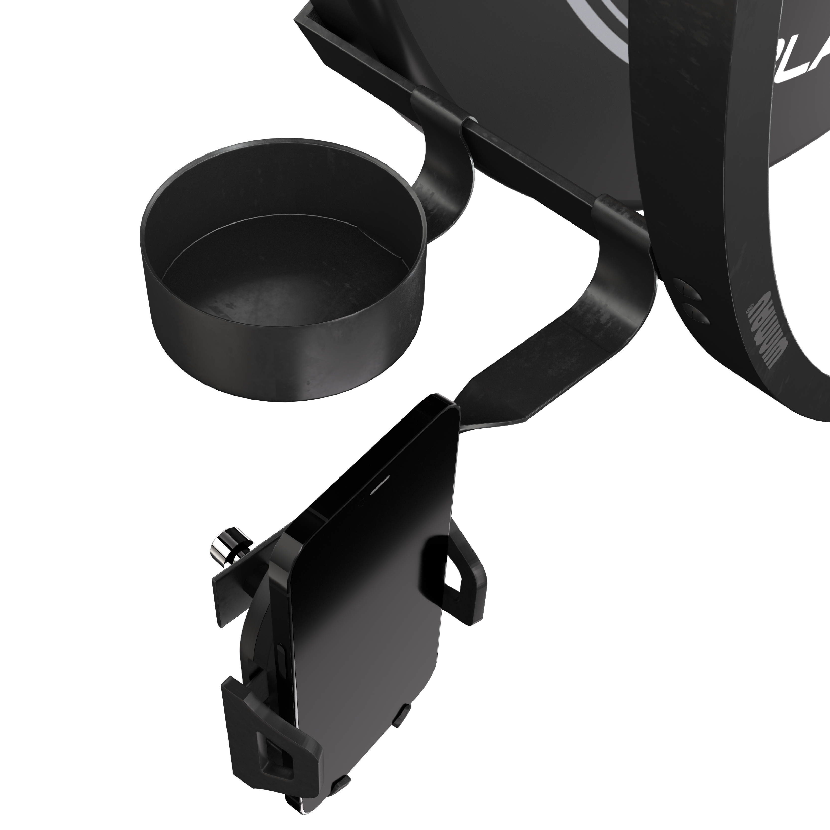 Winmau Plasma Accessory Set Das Bild zeigt das Winmau Plasma Zubehör Set mit einem Handyhalter und einem Becherhalter. Beide Halterungen sind an einem runden Rahmen befestigt.