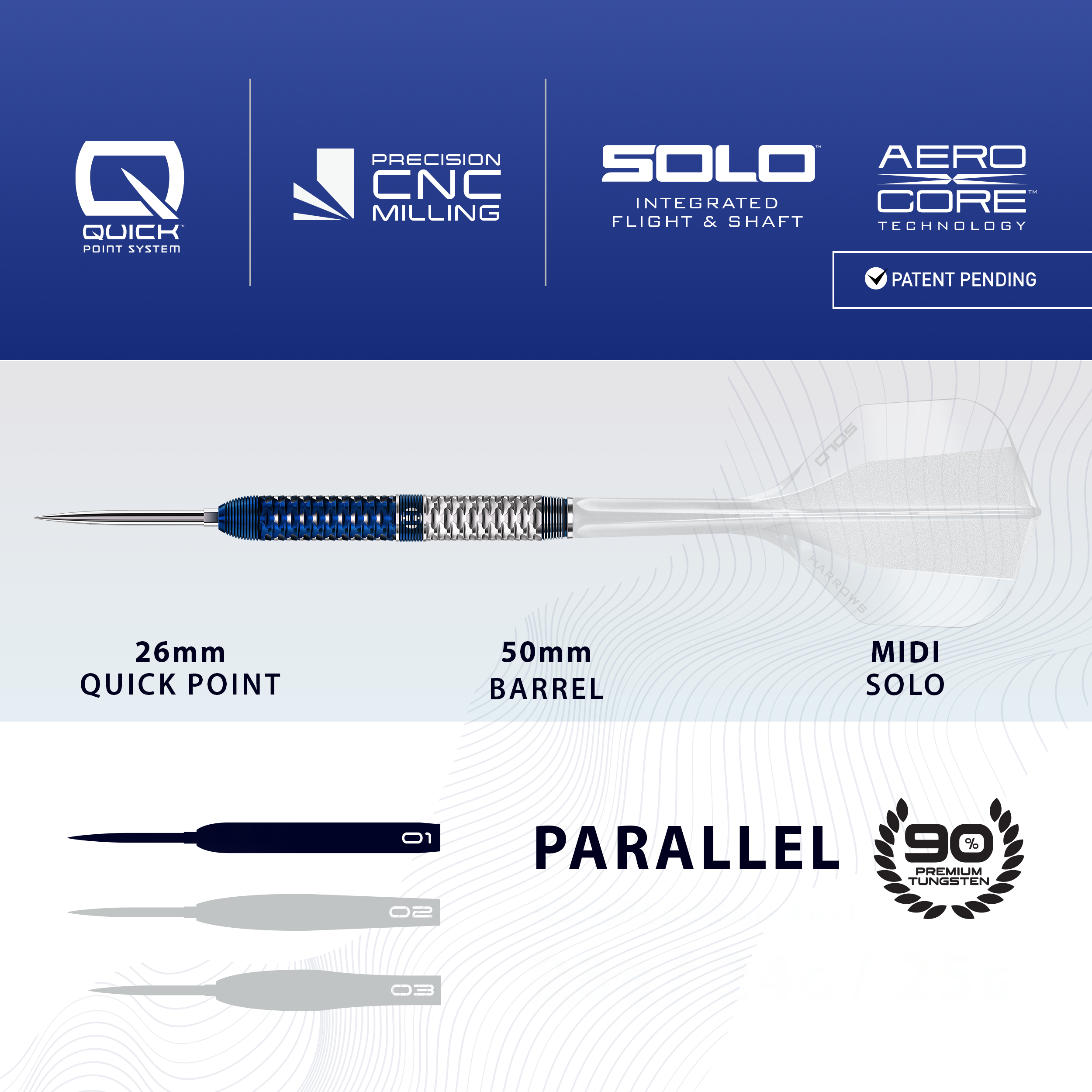 Harrows GEO Parallel Quick Point Steel Darts Das Bild zeigt Harrows GEO Parallel Quick Point Steeldarts. Der Pfeil und sein Aussehen werden präsentiert.