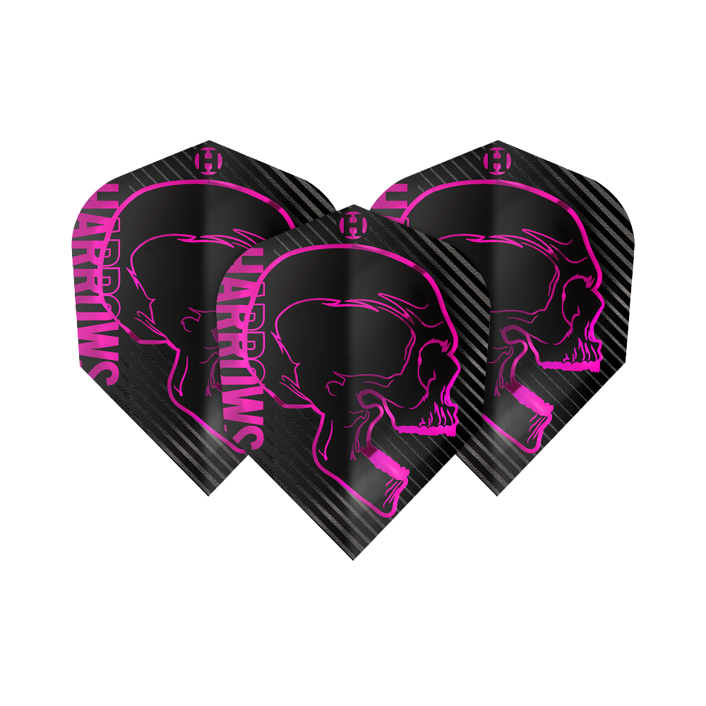 Harrows Rage Pink No6 Flights Das Bild zeigt drei schwarze Dartflights mit einem auffälligen pinken Totenkopf-Design. Auf den Flights steht seitlich in pink der Schriftzug "Harrows".