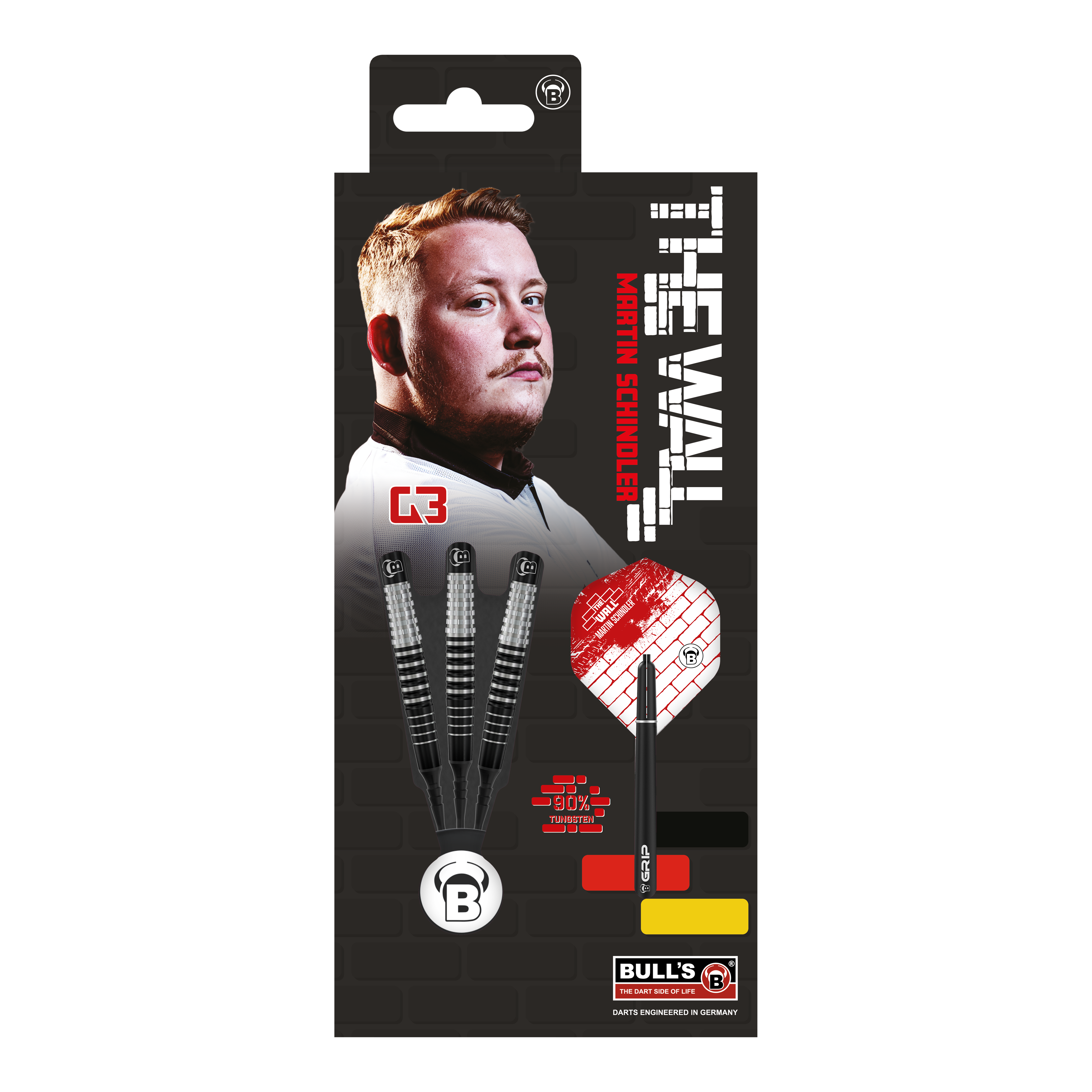 Bulls Martin Schindler Original Generation 3 soft darts Das Bild zeigt die Verpackung der "Bulls Martin Schindler Original Generation 3 Softdarts". Auf der Verpackung ist ein Porträt von Martin Schindler sowie drei Softdarts und das Logo von Bull's abgebildet.