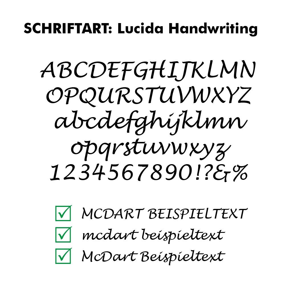 Flightdruck_Schriftart_LucidaHandwriting Dart-Flight mit LucidaHandwriting-Schriftzug. Die Schrift ist modern und leicht gebogen.