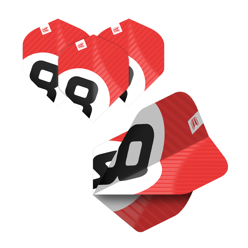 337204_Target_ProUltra_5Sets_Multipack_Chicane_No2_Standard_Flights_3xMnT0poDbZhfH Das Bild zeigt fünf Sätze Target Pro Ultra Chicane No2 Standard Flights in auffälligem Rot-Weiß-Design. Die Flights sind mit einer großen schwarzen Zahl und dem Target-Logo versehen.