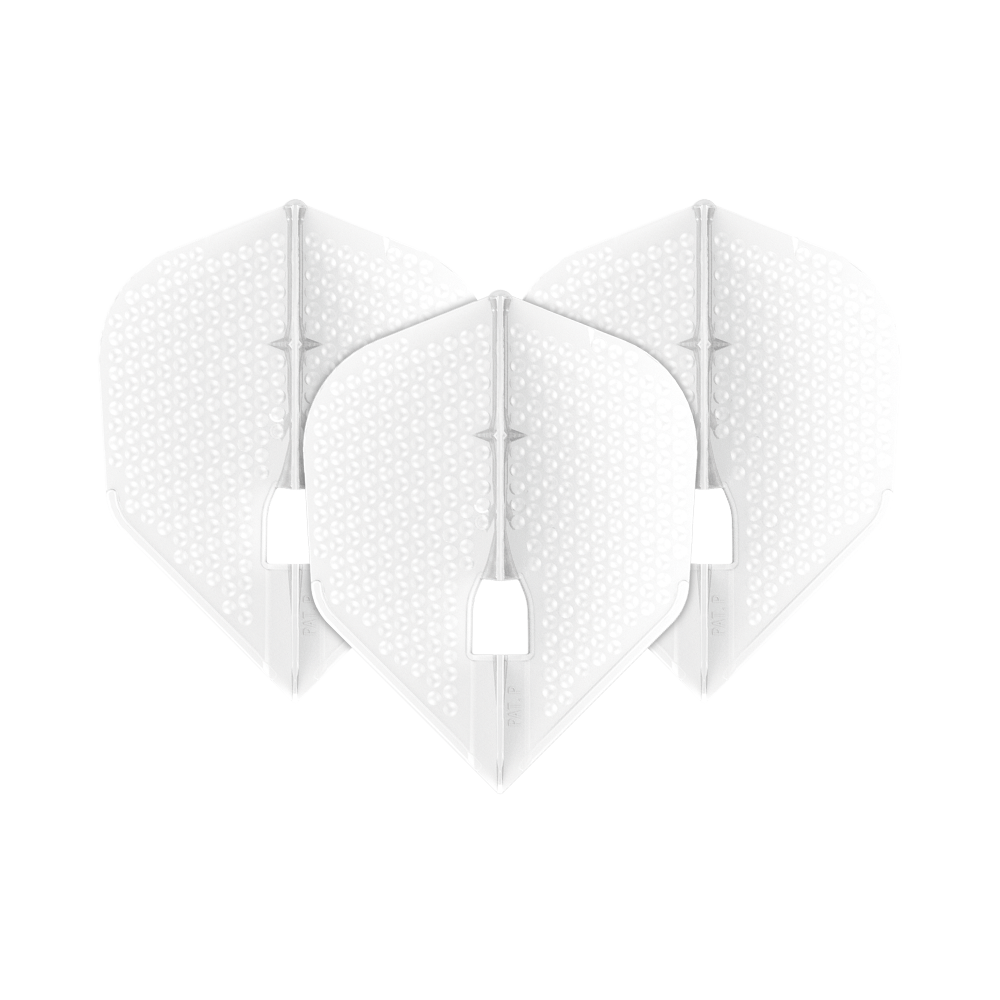 L-Style Flights Dimple Champagne L3PRO Shape Das Bild zeigt drei weiße Dart-Flights der Marke L-Style in Dimple Champagne L3PRO-Form. Die Flights haben eine strukturierte Oberfläche mit kleinen Vertiefungen.