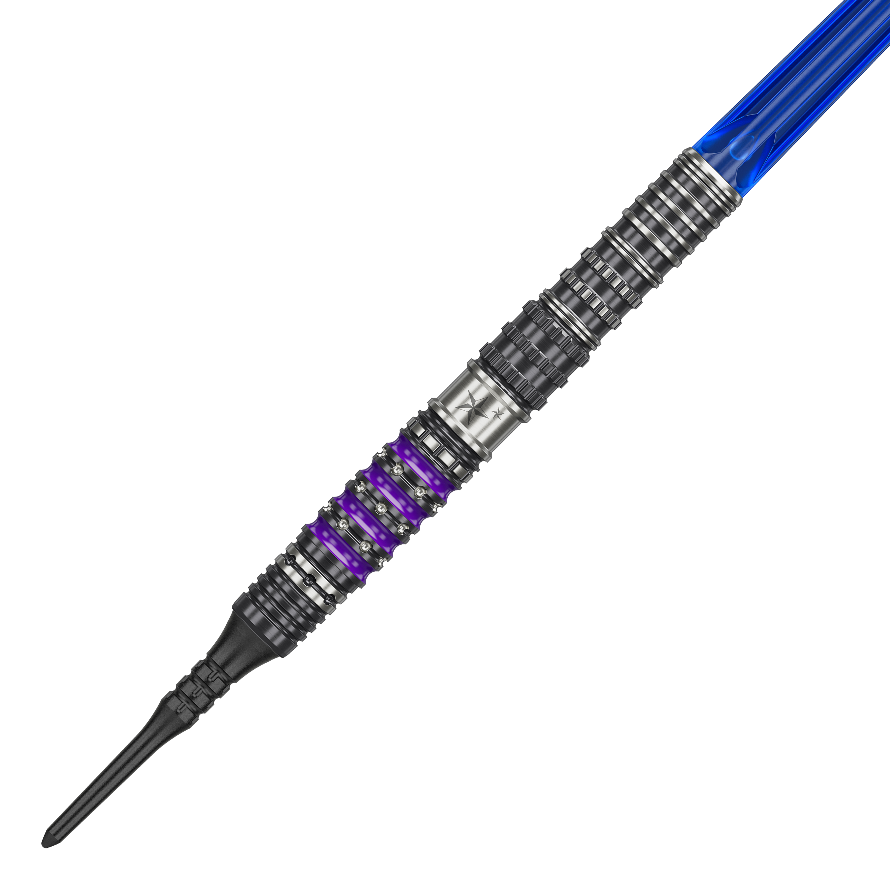 Dies ist der Target Japan Prime Series Sirius GEN4 Softdart mit einem Gewicht von 21,5g. Der Dart hat ein futuristisches Design mit silbernen, schwarzen und lila Akzenten sowie einem blauen Schaft.