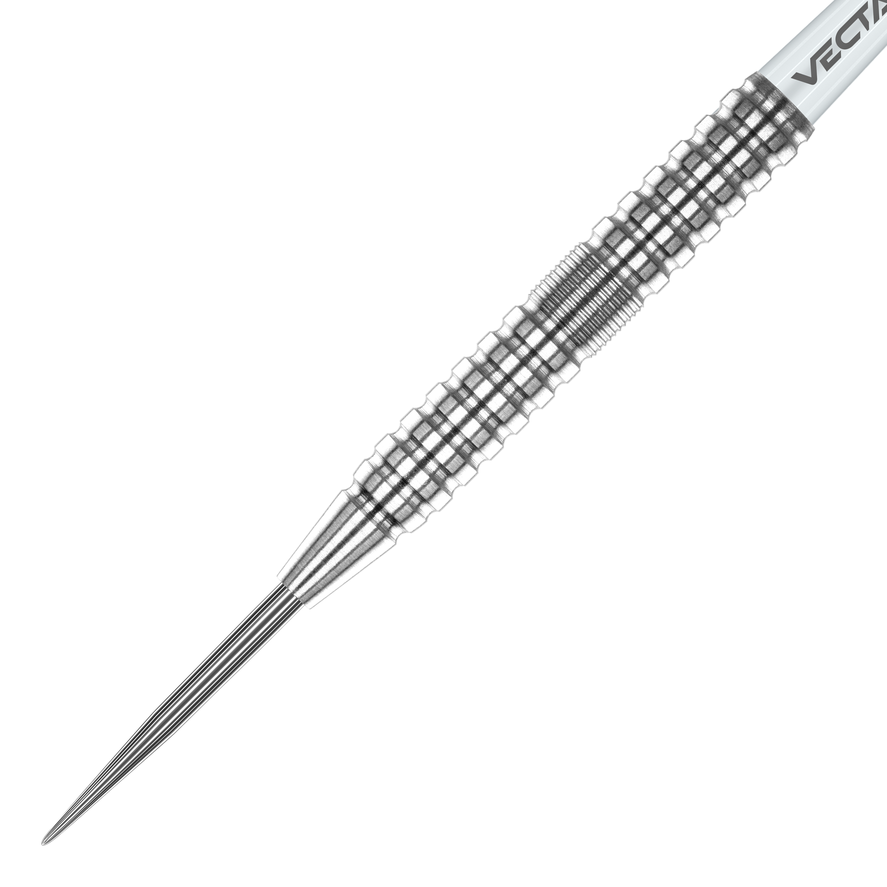 Winmau Willie OConnor Steel Darts - 23g Das Bild zeigt einen silbernen Winmau Willie OConnor Steeldart mit einem Gewicht von 23g. Der Dartpfeil hat eine strukturierte und geriffelte Oberfläche für besseren Halt.