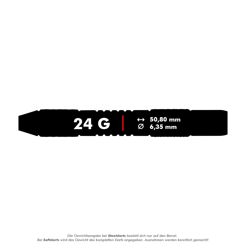 Red Dragon Amberjack 5 steel darts - 24g Das Bild zeigt die Produktinformationen der Red Dragon Amberjack 5 Steeldarts mit einem Gewicht von 24 Gramm. Die Maße des Barrels sind 50,80 mm Länge und 6,35 mm Durchmesser.