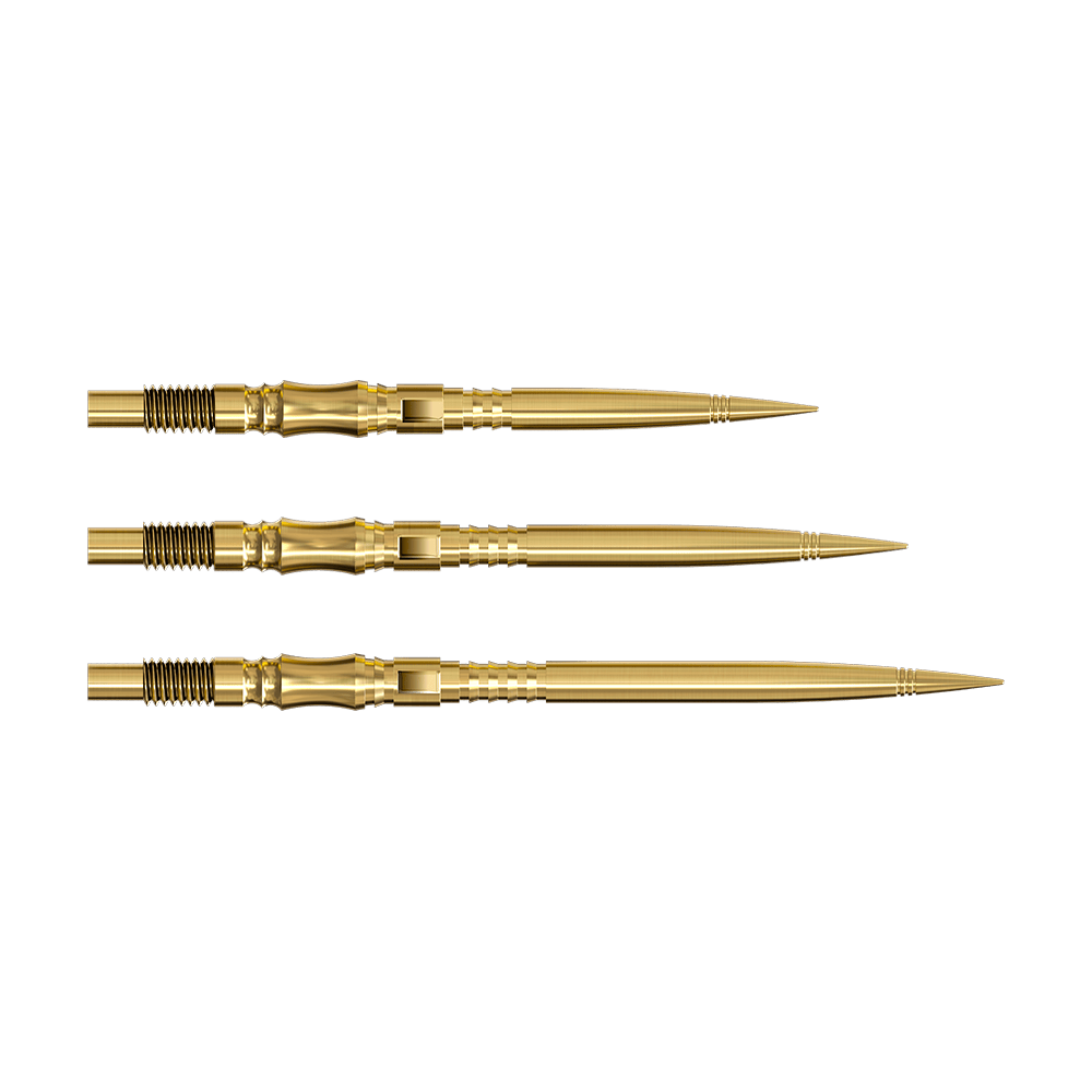 Harrows Quick Point Axis Elite Series Dart Tips - Gold Die Harrows Quick Point Axis Elite Series Dartspitzen in Gold sind auf dem Bild zu sehen. Mehrere goldene Dartspitzen liegen nebeneinander.