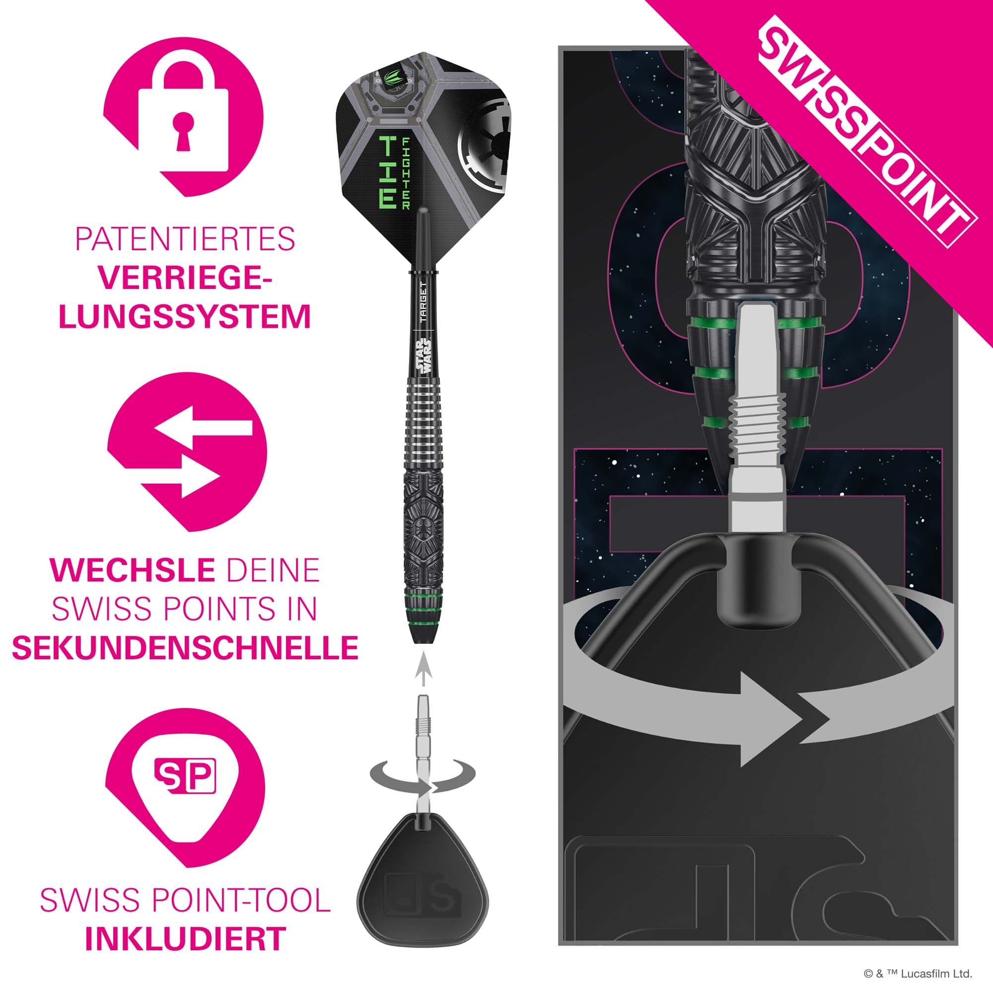 Target Star Wars Tie Fighter Swiss Point Steel Darts Target Star Wars Tie Fighter Swiss Point Steeldarts ist auf dem Bild zu sehen. Es handelt sich um Steeldarts, inspiriert von Star Wars.