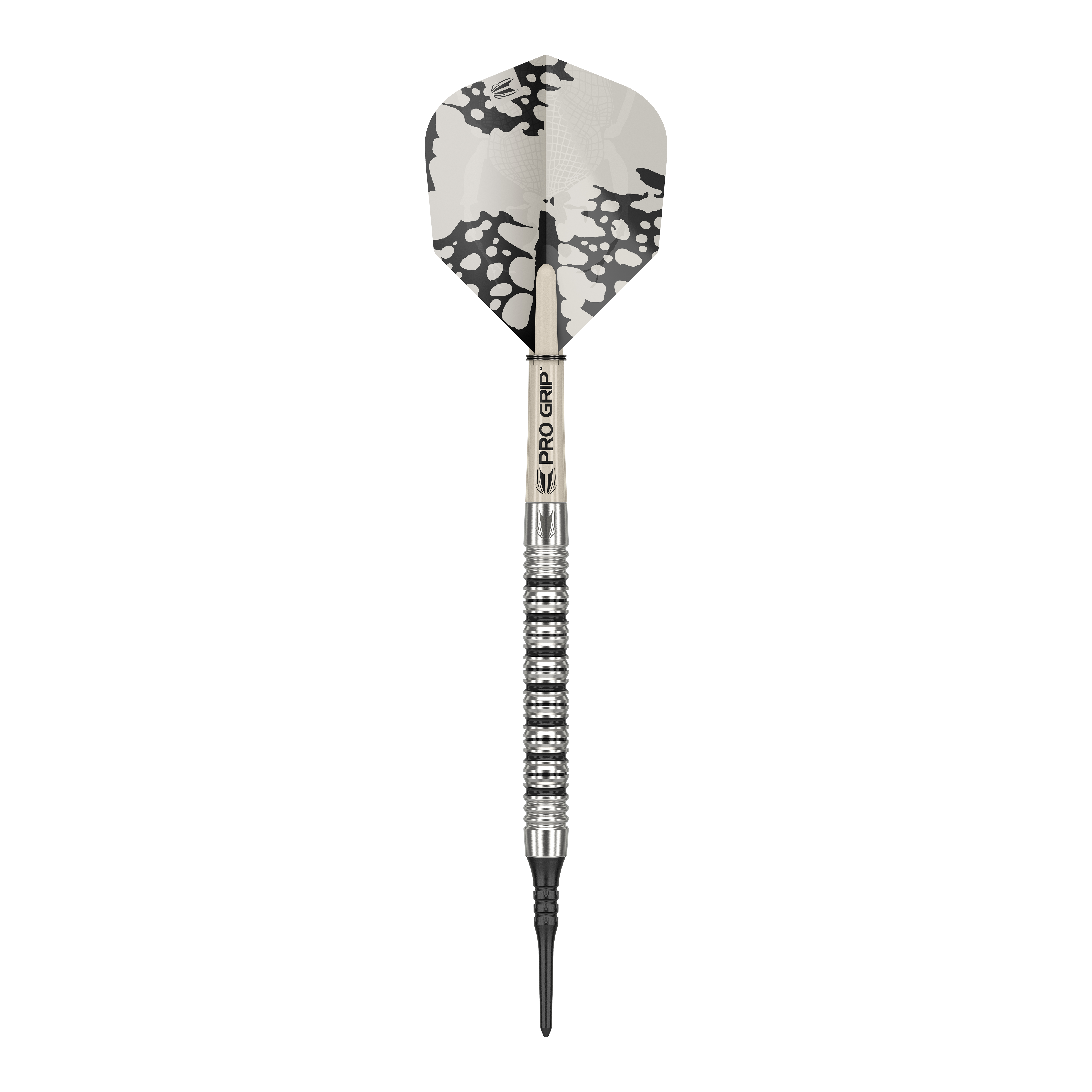 Target EXO 11 Soft Darts Dies ist ein Softdart des Modells "Target EXO 11". Er hat ein silbernes Barrel mit Rillen und ein Flight mit schwarz-weißem Muster.