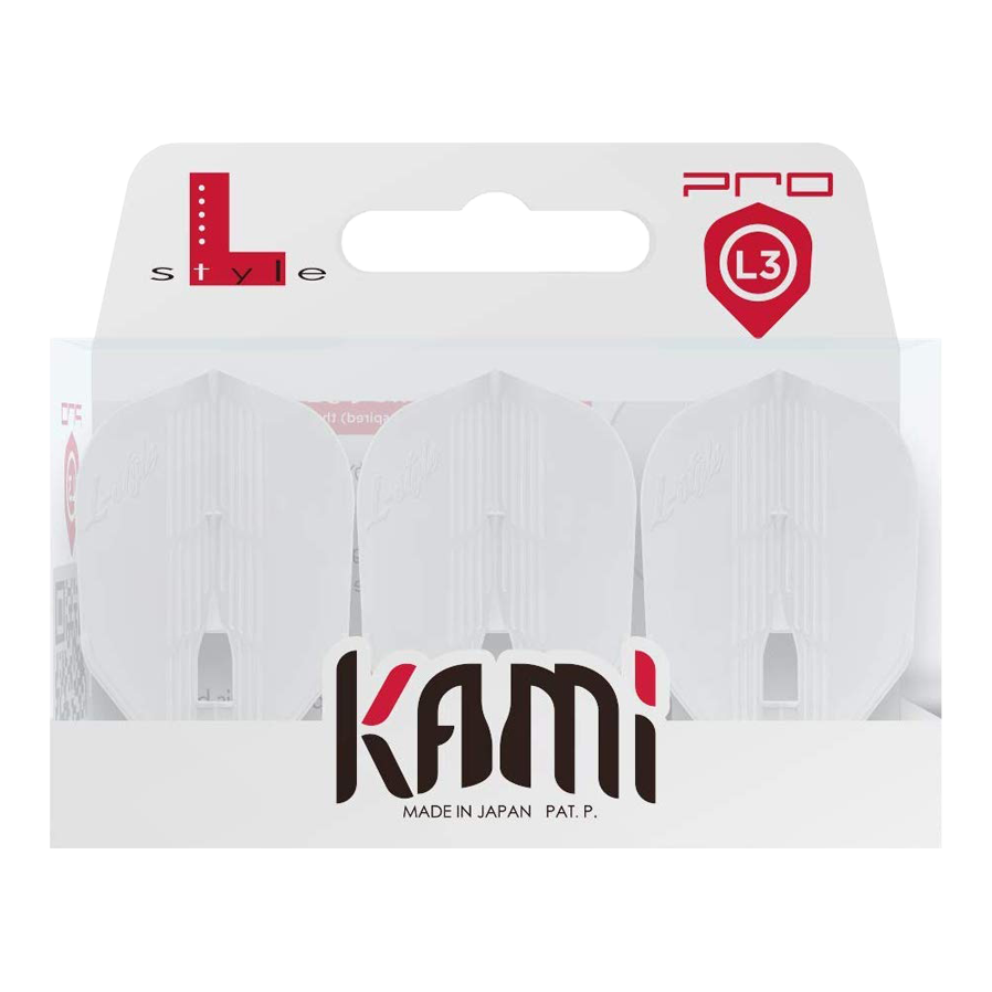 L-Style KAMI L3KPRO Flights Die Abbildung zeigt eine Packung mit drei weißen Dartflights der Marke KAMI. Auf der Verpackung steht „Made in Japan“ und das Produkt ist für das L3 PRO System geeignet.