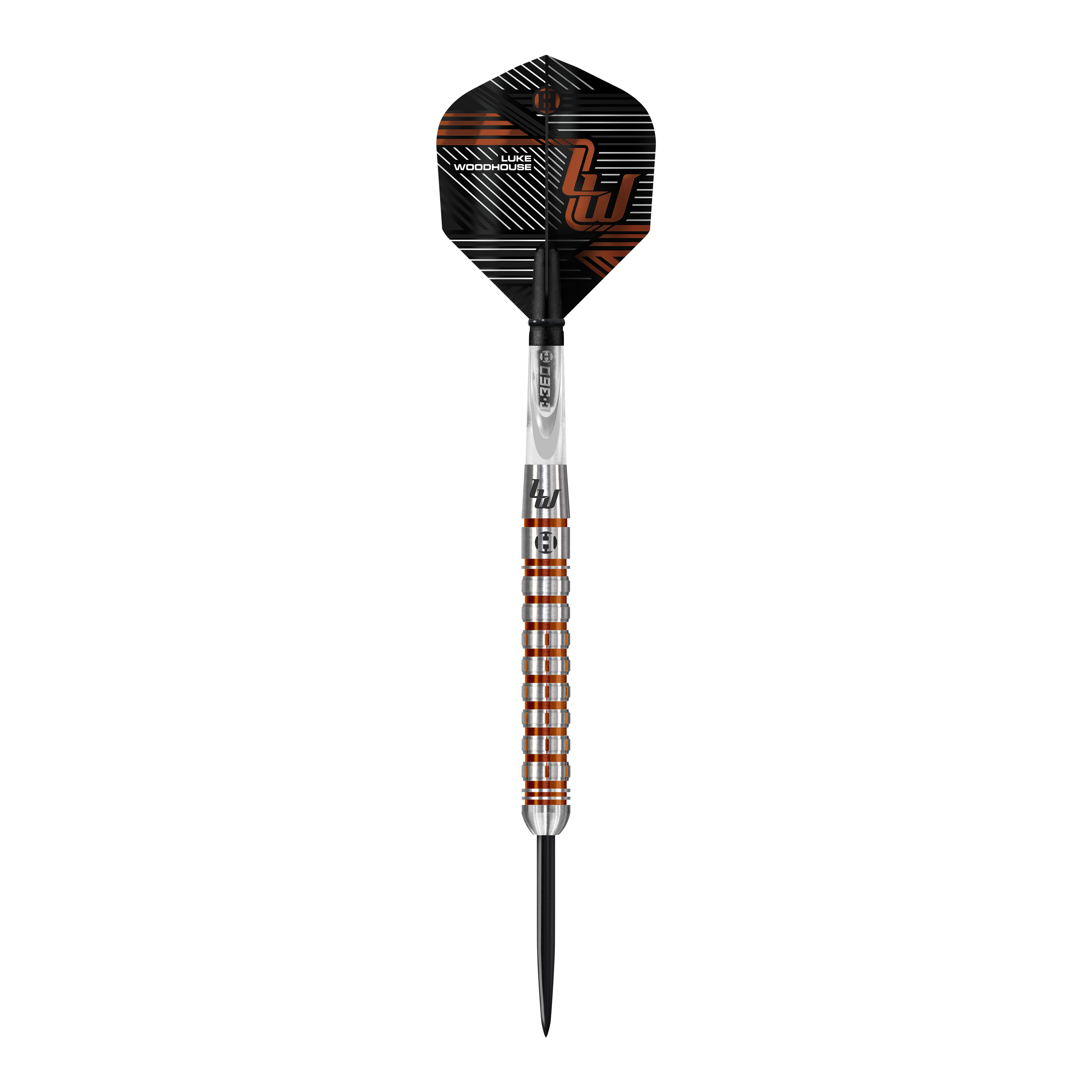 Harrow's Luke Woodhouse Series 2 steel darts Das Bild zeigt einen Steeldart der Marke "Harrows Luke Woodhouse Series 2". Der Dart hat ein auffälliges Design mit silbernen und bronzefarbenen Ringen am Griff und einer schwarz-orangen Flights.