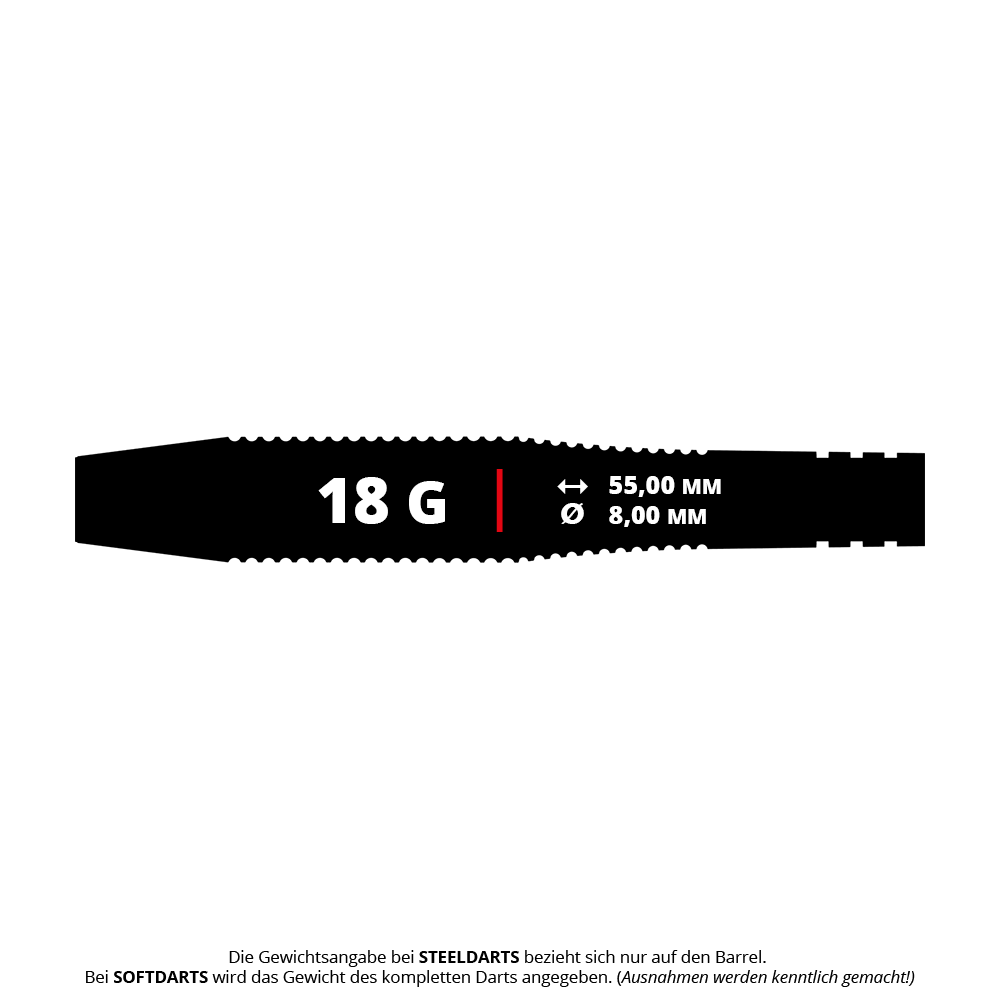 Bulls Martin Schindler The Wall Black Brass Softdarts - 18g Das Bild zeigt die Maße und das Gewicht des Produkts "Bulls Martin Schindler The Wall Black Brass Softdarts - 18g". Der Dart wiegt 18 Gramm, ist 55 mm lang und hat einen Durchmesser von 8 mm.